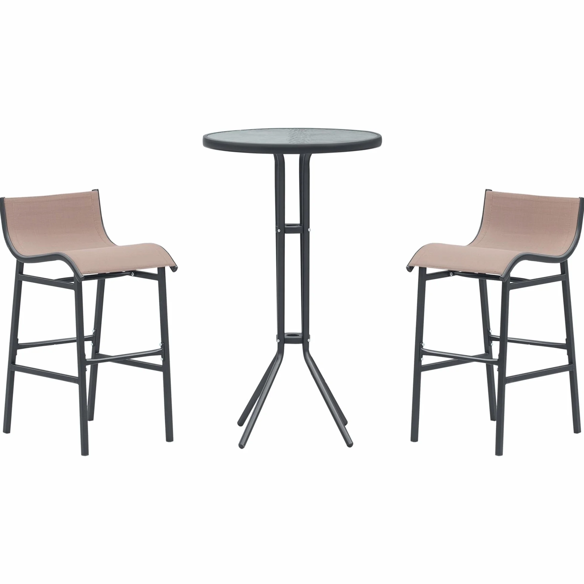 Outsunny Set da Bar/Ristorante 3 Pezzi: 2 Sgabelli (40.5x50x82cm) 1 Tavolo Vetro Temperato (Φ60x102cm), Nero e Marrone