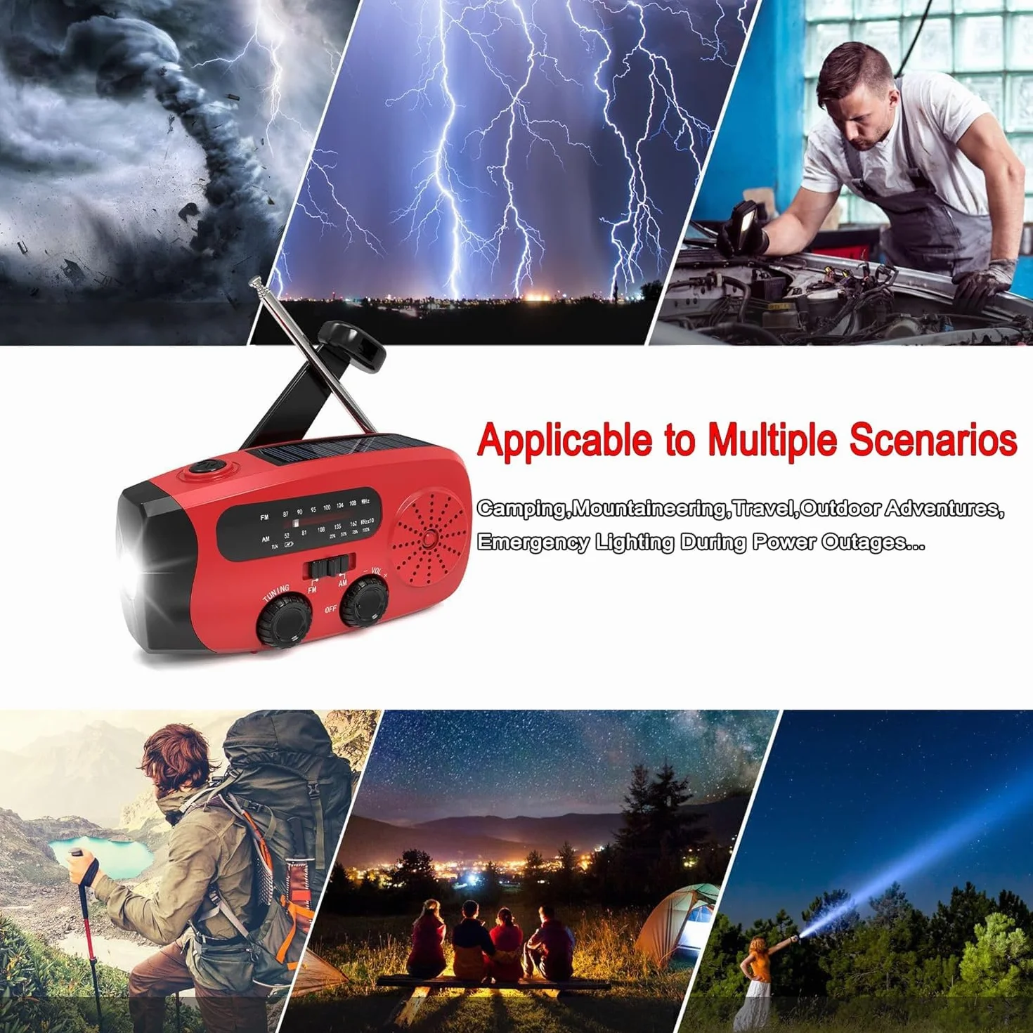 Radio Solare a Carica Manuale AM/FM Portatile con Torcia LED e Power Bank 2000mAh