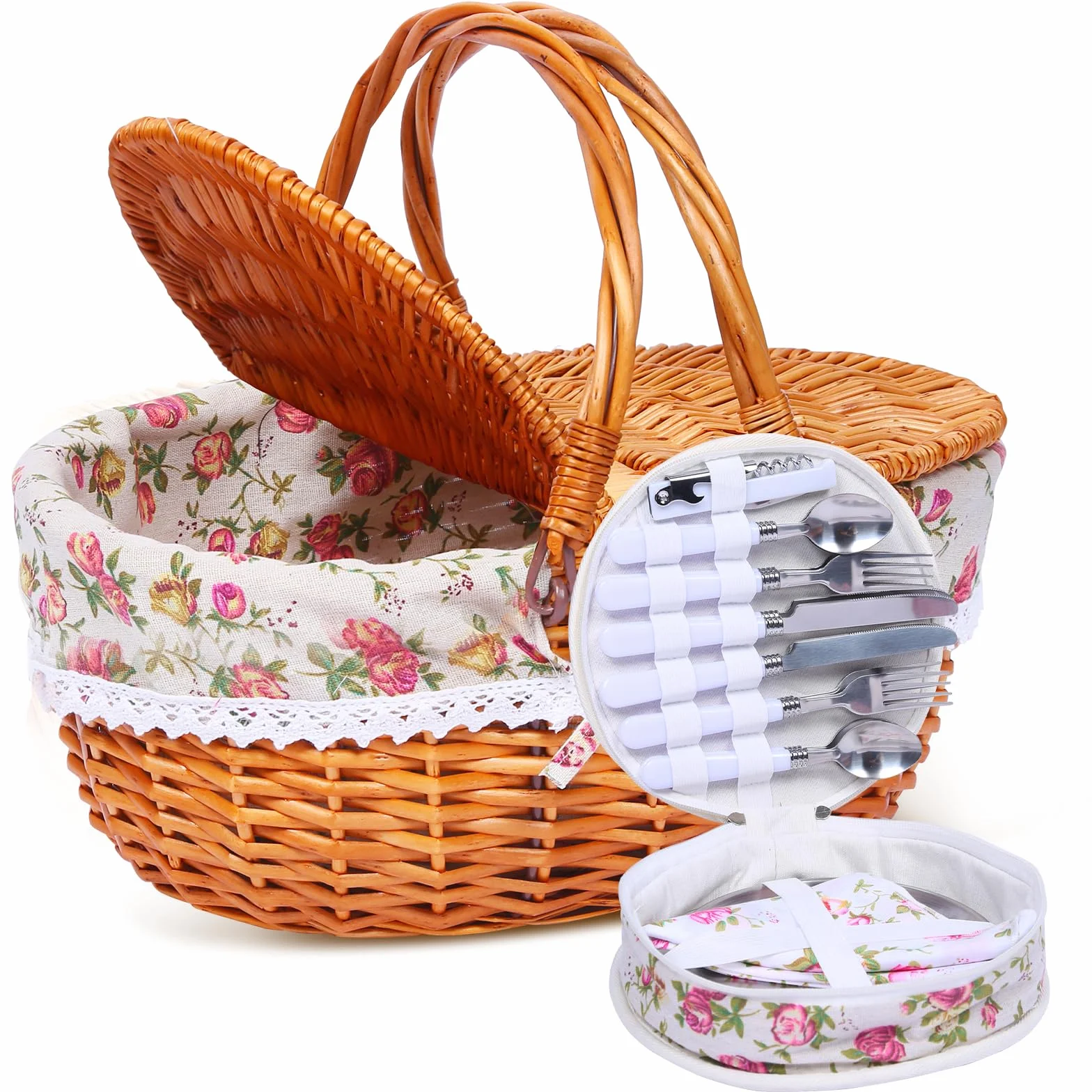 Cesto da picnic in vimini per 4 persone, con coperchio e manico, cestino da picnic con fodera lavabile e posate per esterni, campeggio, Halloween, Natale e un