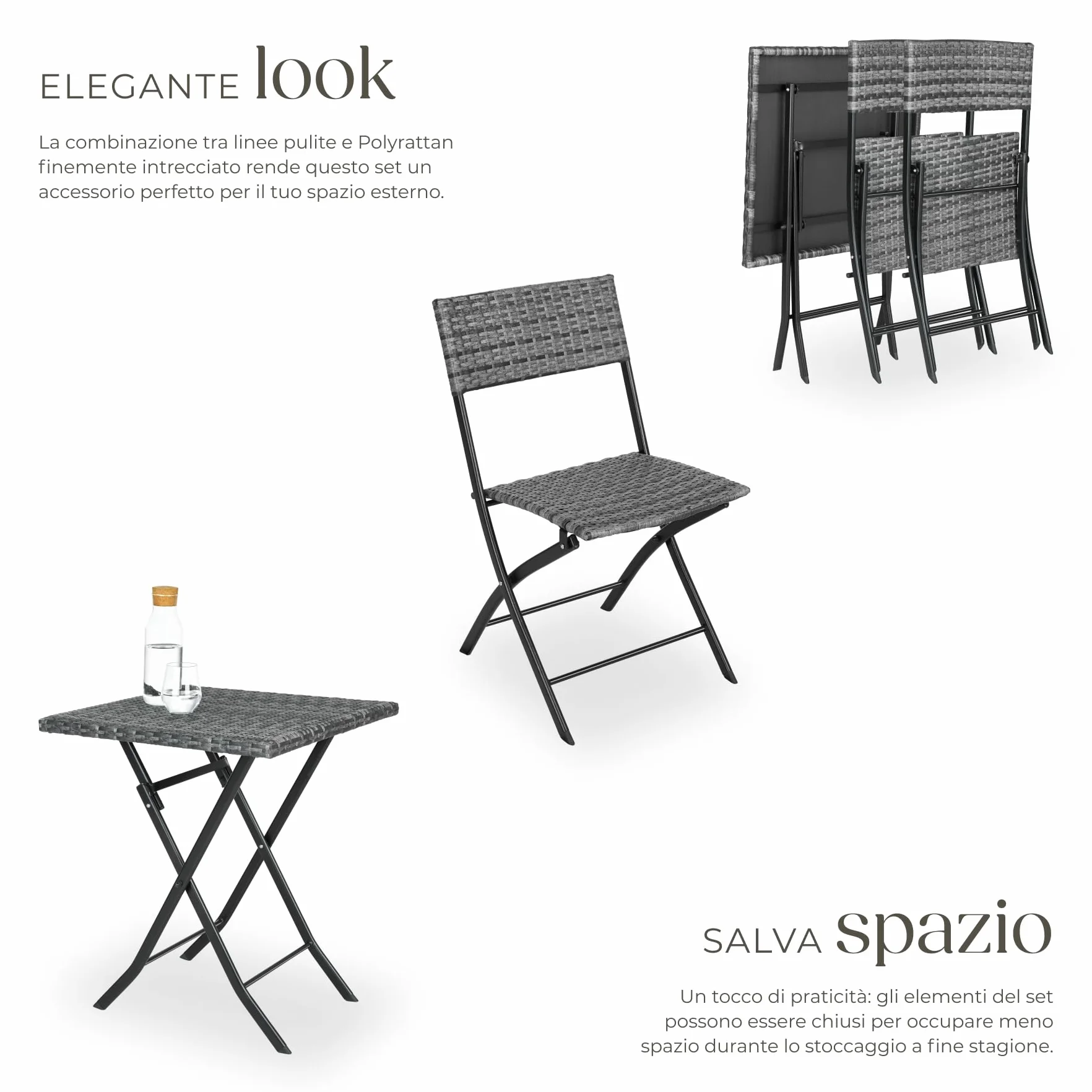 tectake® Set 3 Pezzi Trevi in Rattan, 1 Tavolo con 2 Sedie, Protezione dai Raggi UV, Ripiegabile, Design Moderno, Set Giardino, Terrazzo, Balcone, Campeggio - Grigio