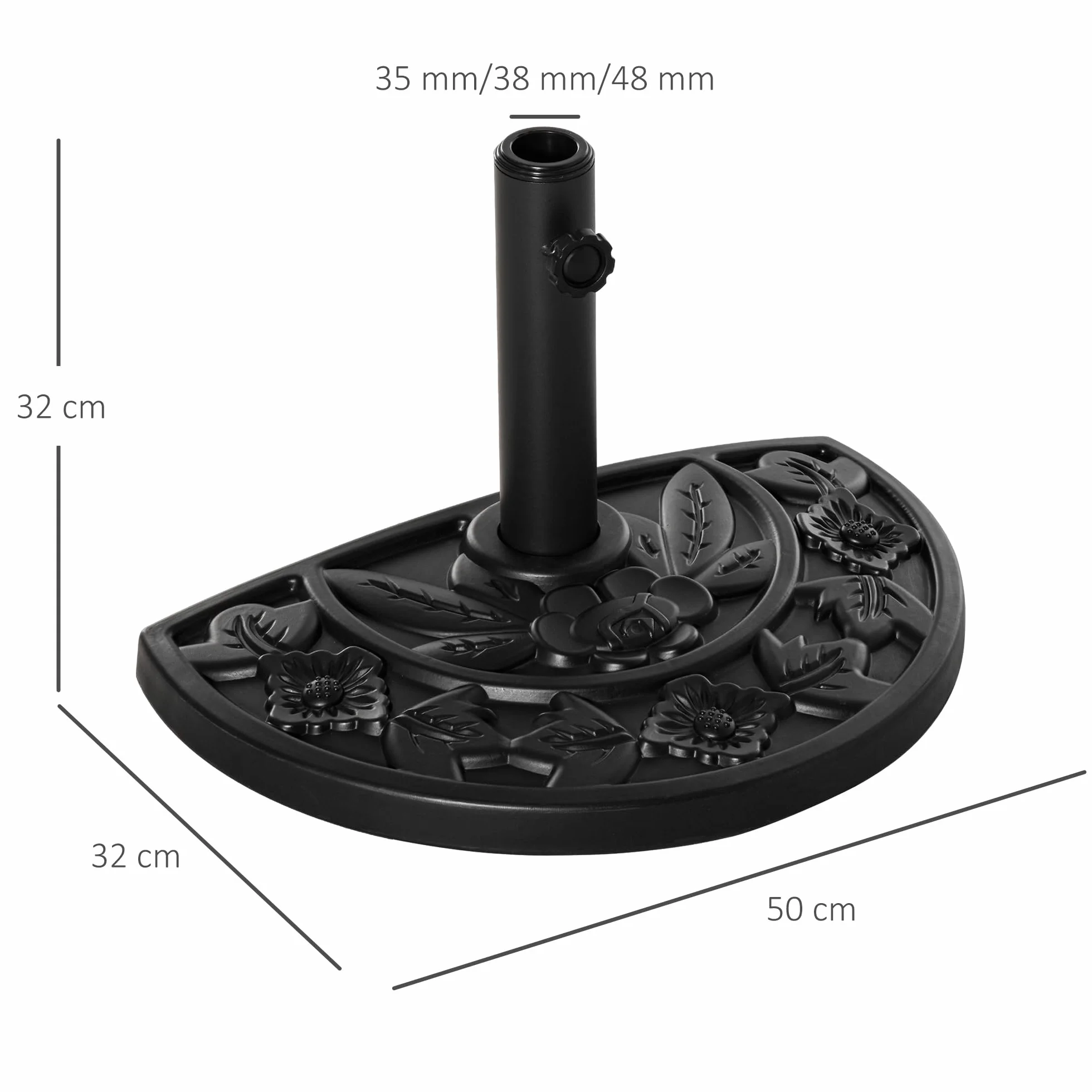 Outsunny Base per Ombrellone Semicircolare con Palo da 35/38/48 mm e Motivi Floreali, Basamento per Ombrellone in Cemento, HDPE e Metallo, Ø50x32x32 cm, Nero