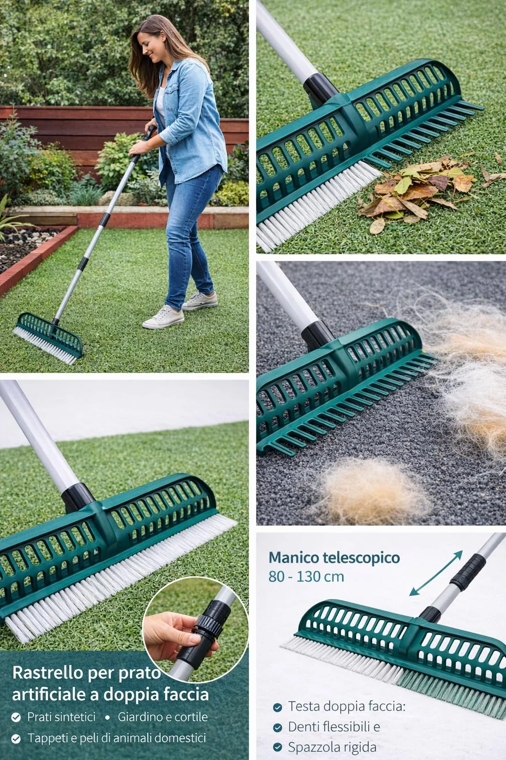 Scopa Rastrello Prato Sintetico a Doppia Faccia Spazzola Pulizia Erba Artificiale Setole in Poliammide Larghezza 45cm per Pulizia Giardino, Tappeti e Peli Animali