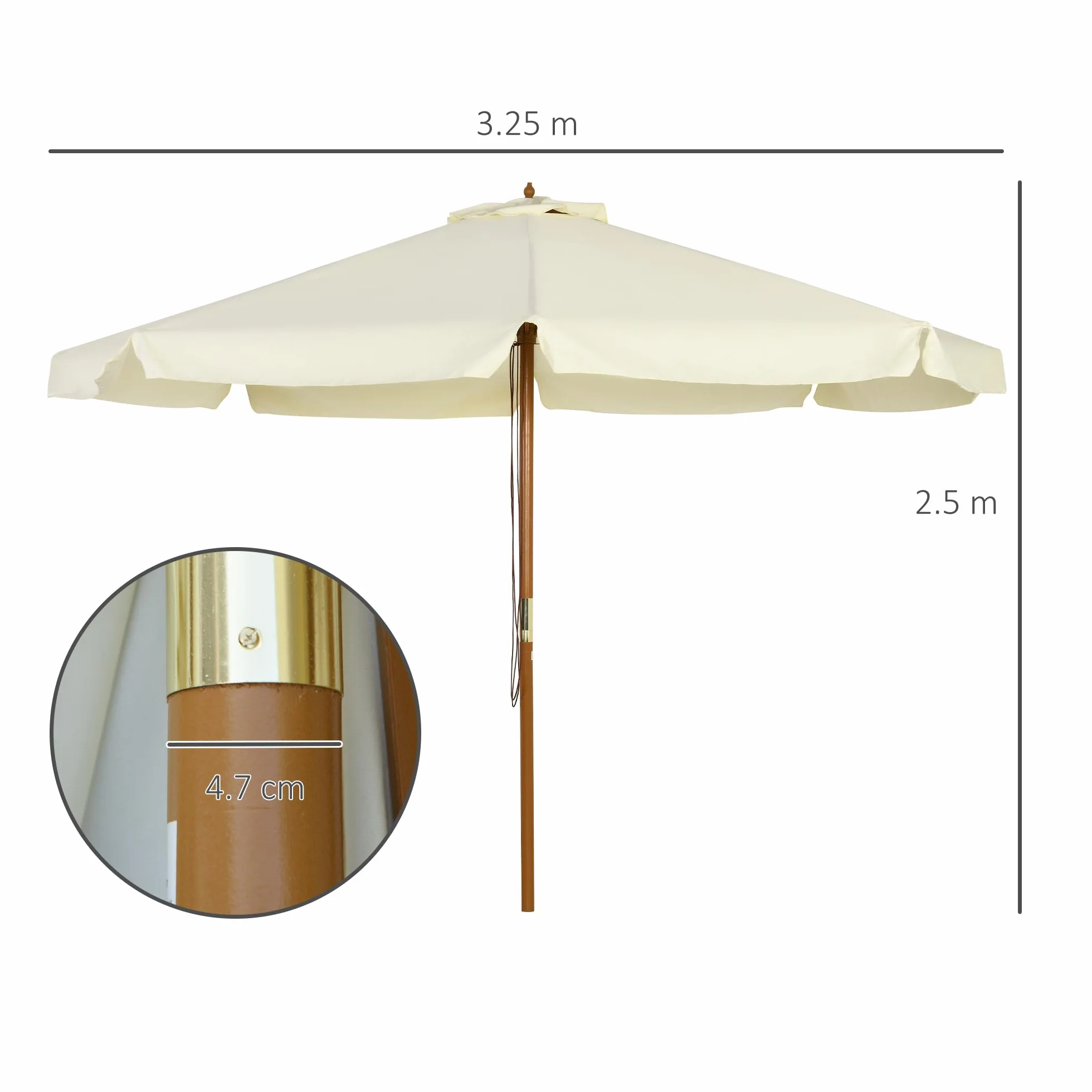 Outsunny Ombrellone da Giardino Ø3.25m con Corde, Apertura Regolabile e Prese d'Aria, Ombrellone da Esterno con 8 Stecche in Legno, Bambù e Poliestere 180g/㎡, per Cortile, Terrazza e Balcone