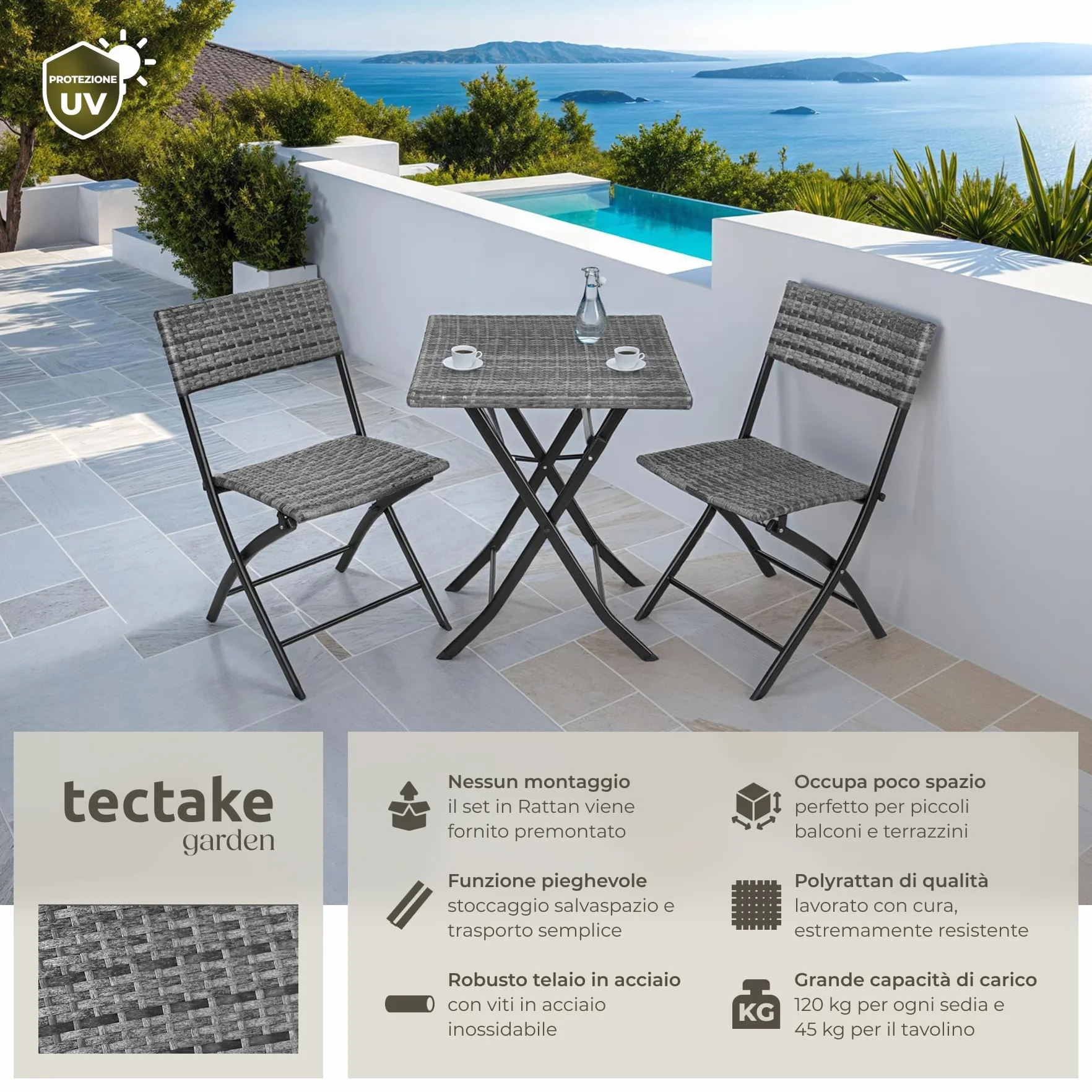 tectake® Set 3 Pezzi Trevi in Rattan, 1 Tavolo con 2 Sedie, Protezione dai Raggi UV, Ripiegabile, Design Moderno, Set Giardino, Terrazzo, Balcone, Campeggio - Grigio