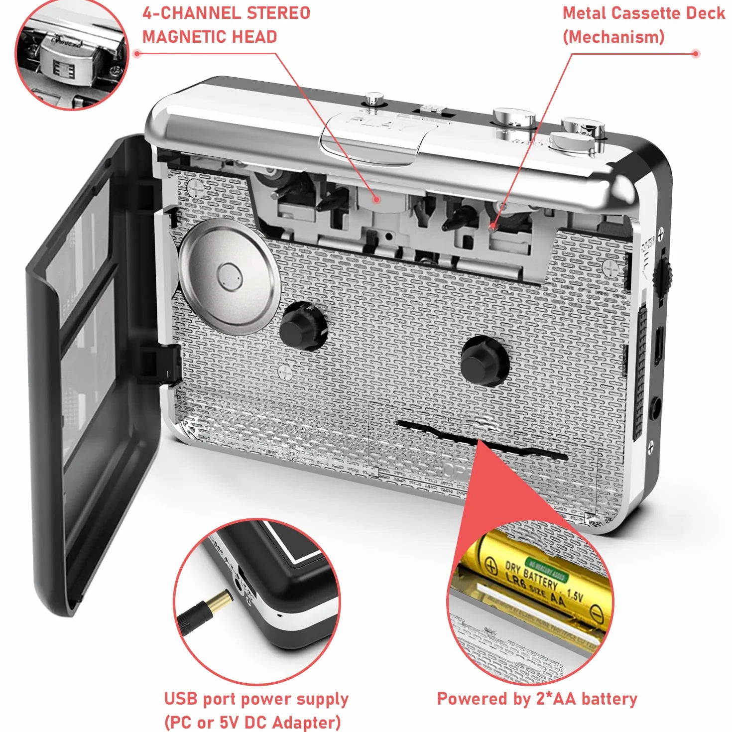Lettore di cassette retrò USB per digitalizzazione e registrazione audio, compatibile con laptop e PC