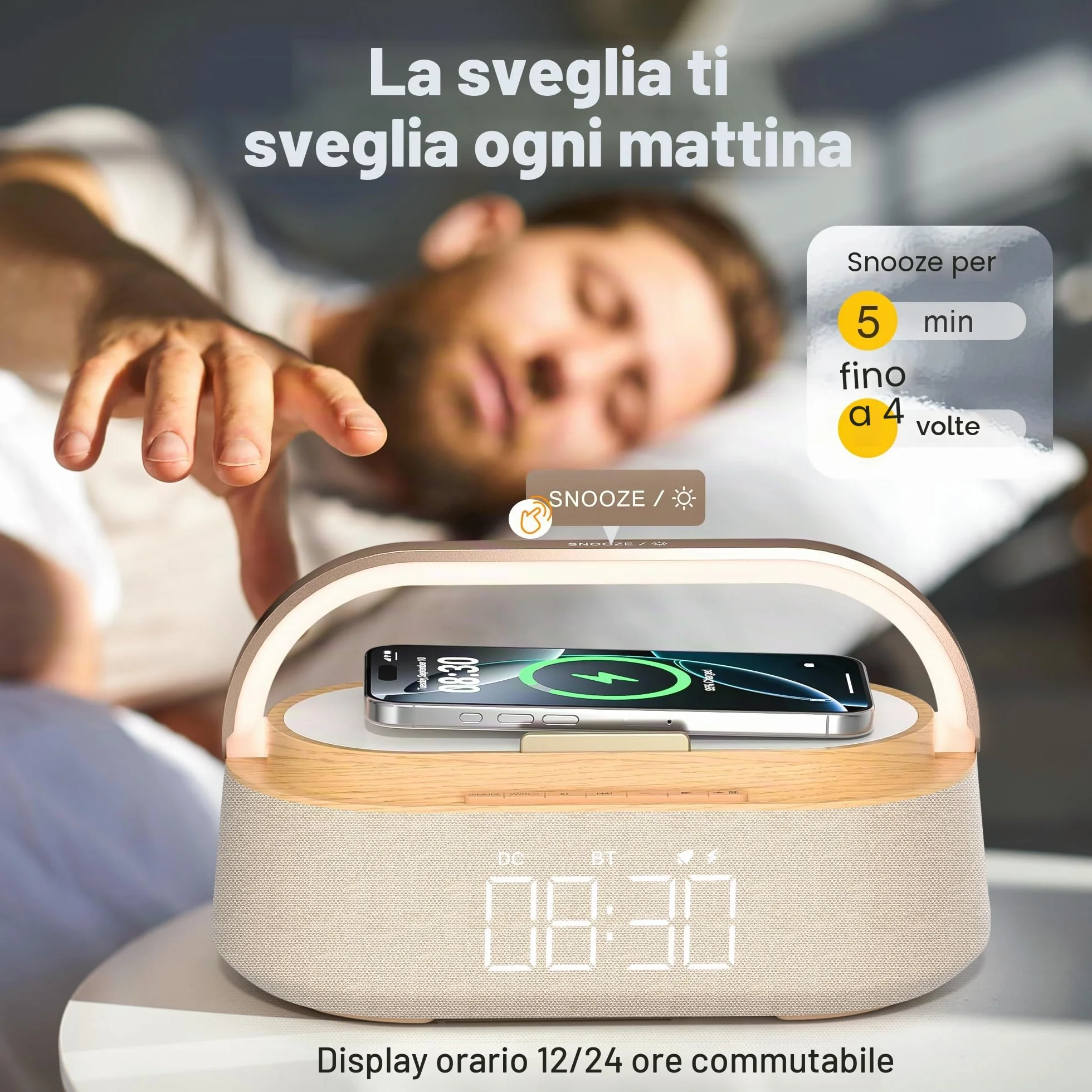 COLSUR Radiosveglia Digitale con Ricarica Wireless, Radio FM Sveglia con Allarme, Bluetooth Speaker, USB Luce Notturna, Display LED