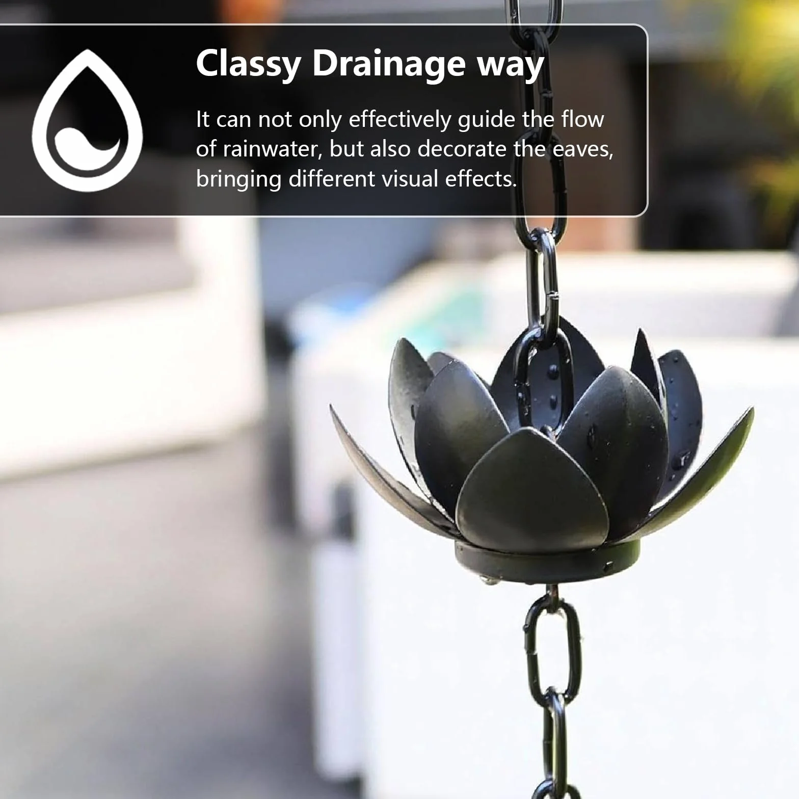 Catena Antipioggia, Catena Nera per Drenaggio dell'Acqua Piovana da 1,2 M A Forma di Loto in Ferro per Decorazioni Esterne per Casa E Giardino Efficiente Drenaggio dell'Acqua Piovana