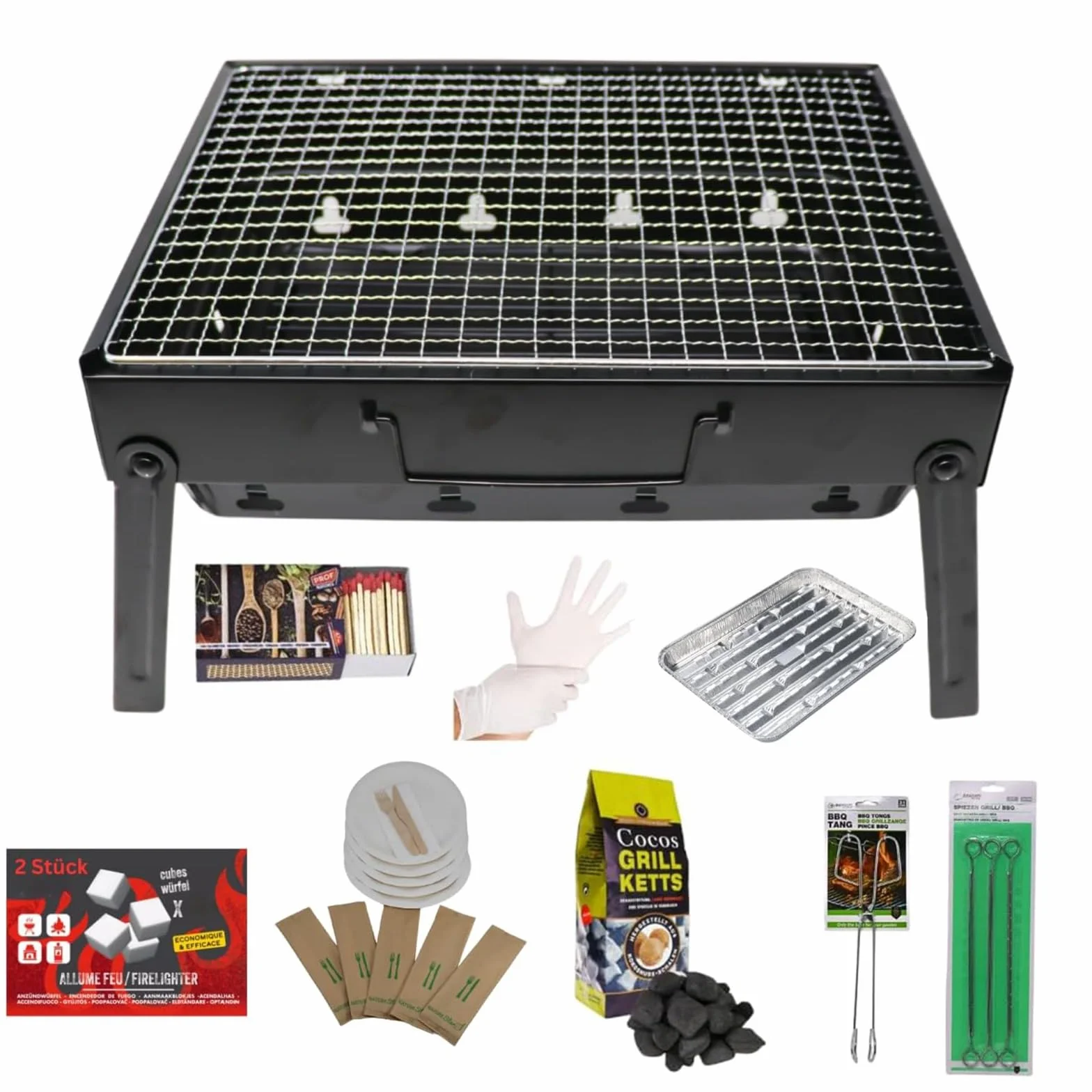 Set completo di barbecue da viaggio – Barbecue portatile a carbone con contenitore per la cenere, carboni di cocco, accendini, posate monouso e accessori – Set tutto-in-uno per giardino, balcone