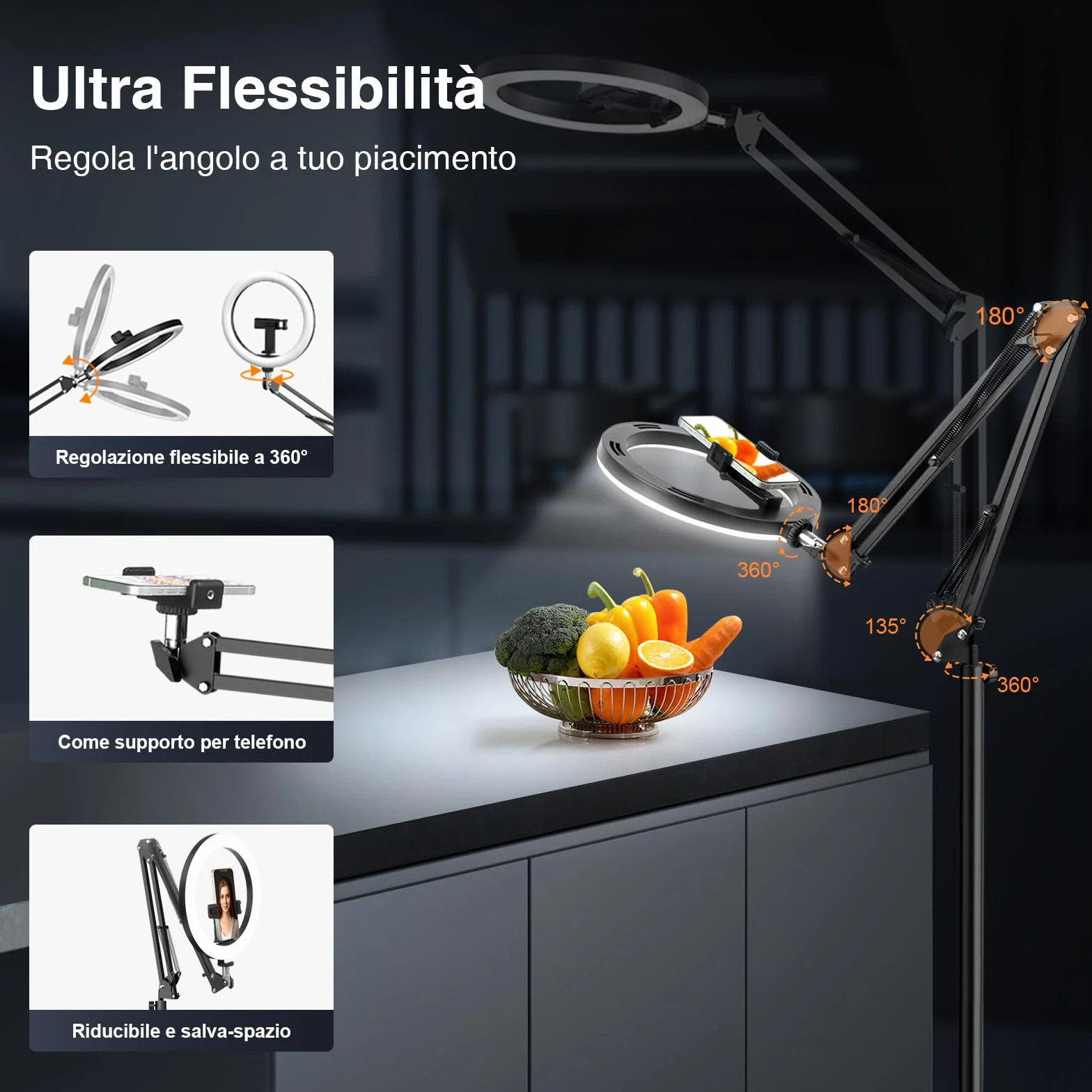 Evershop Ring Light 10" con Treppiede e Supporto Telefono, Luce LED Rotabile 360°, CRI>95