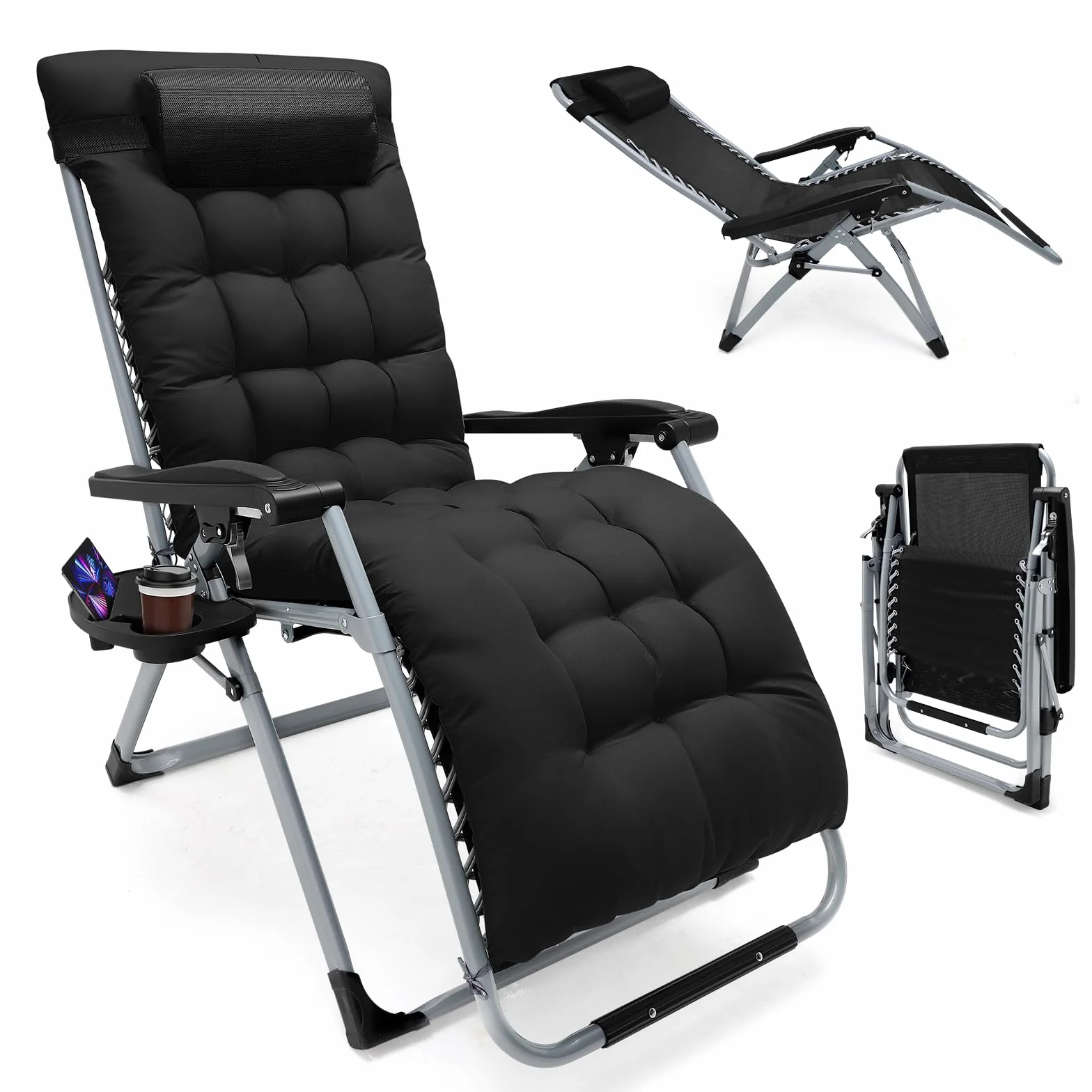 sdraio da giardino,sdraio da spiaggia,Sedia per gravità zero reclinabile all'aperto con portabicchieri, sedia per sdraio allungabile extra larga, con supporto per cuscini 200kg (72 cm nero)