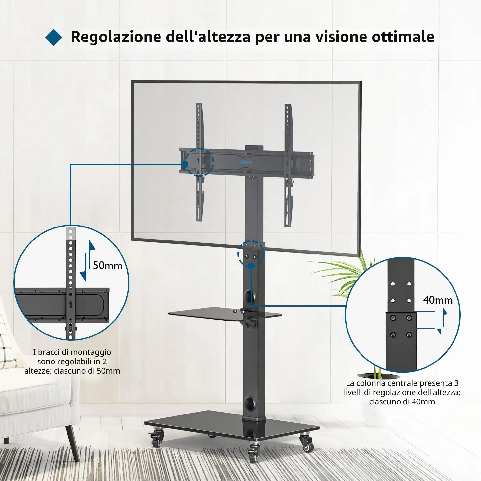 BONTEC Supporto TV da Pavimento 30-70 Pollici, Altezza Regolabile, Ripiani in Vetro Temperato, Carrello TV Portatile con Ruote, 40kg, VESA 600x400mm