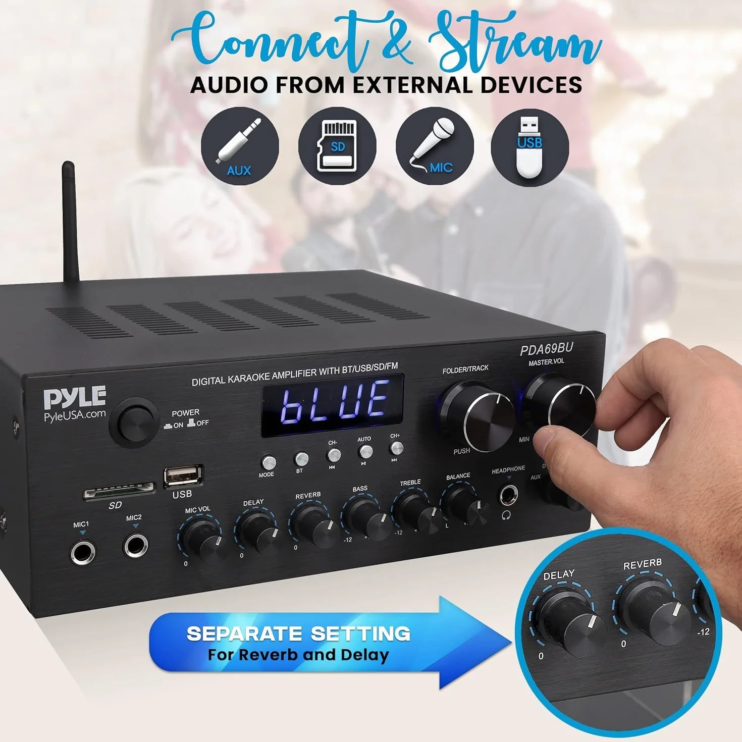 Pyle Amplificatore Audio Stereo Bluetooth 300 Watt Doppio Canale MP3 USB SD AUX RCA MIC Cuffie FM LED per Home Theater Studio