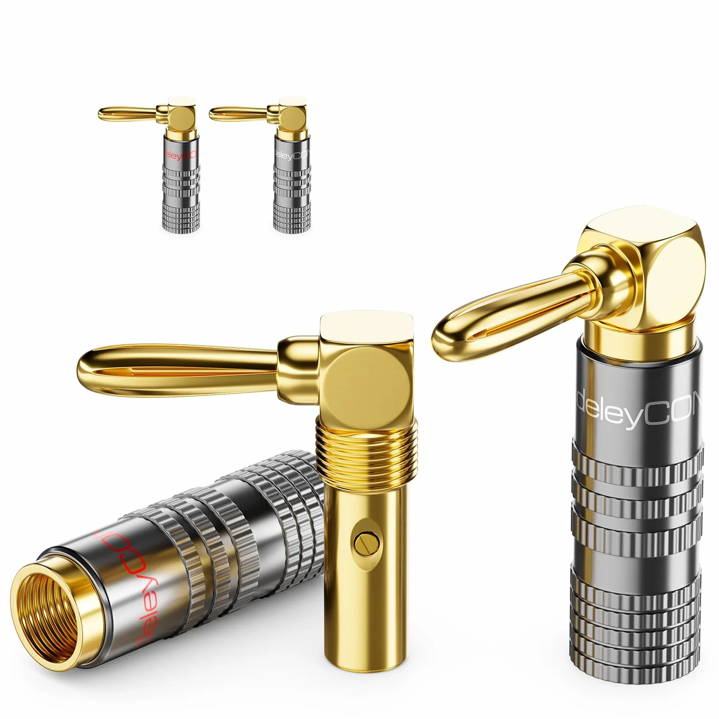 deleyCON 4 Pezzi Spine a Banana Set 90° Angolato Placcato Oro Avvitabile per Cavo Altoparlanti 0,75-4,5 mm HiFi Home Theater
