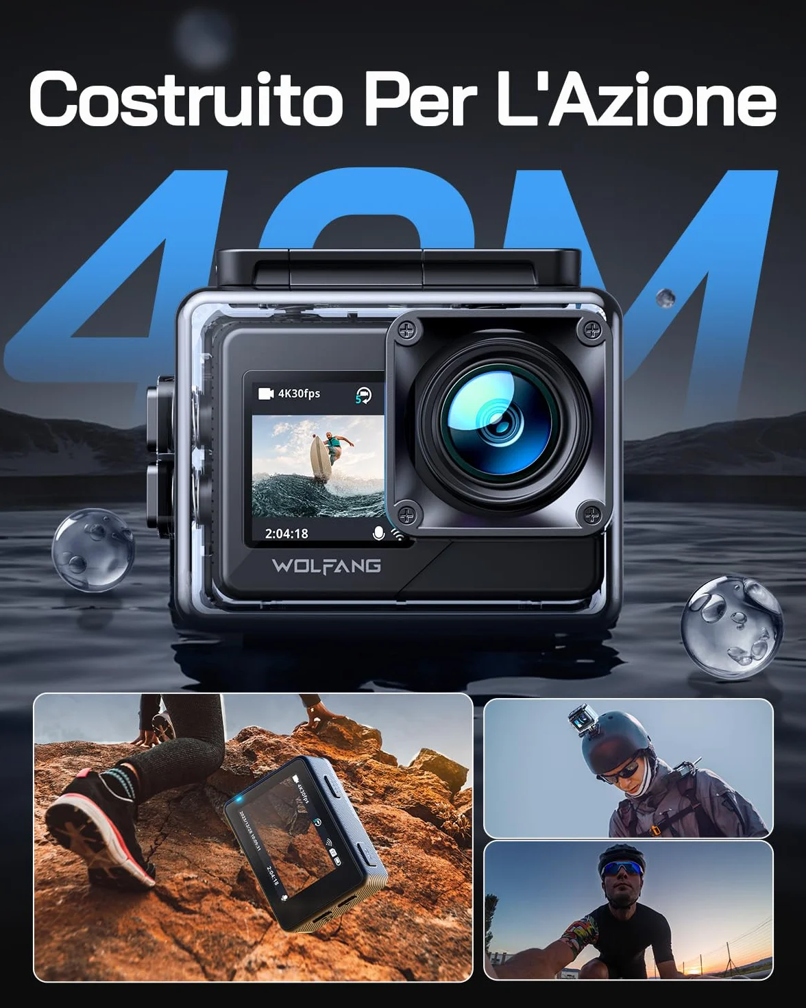 WOLFANG Action Camera 4K 30FPS 20MP WIFI 170° Wide Angle 40M Waterproof with External Mic Remote 2 Batteries
