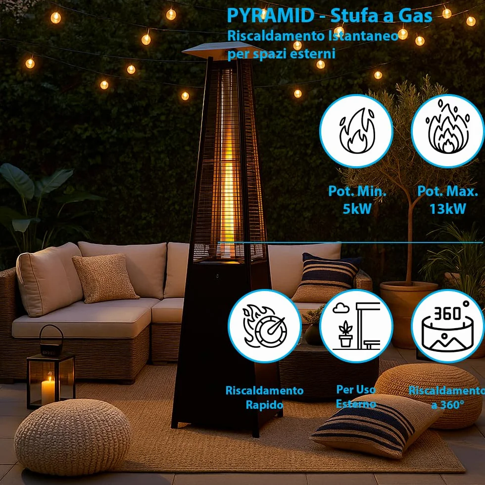Stufa a Gas da Esterno Pyramid 13kW Riscaldatore a Fiamma Viva per Giardino Bar e Ristoranti