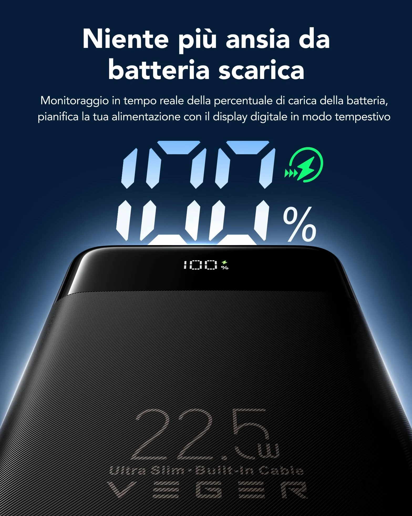 VEGER 10000mAh Power Bank 22.5W Ricarica Rapida USB C LED Display 4 Uscite 3 Ingressi Compatibile iPhone Huawei Xiaomi