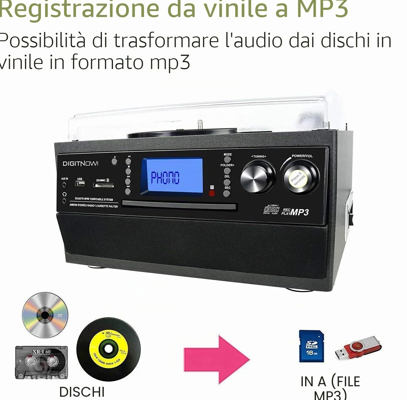 Giradischi Bluetooth DigitNow per CD Cassette Radio AM/FM con Altoparlanti Stereo