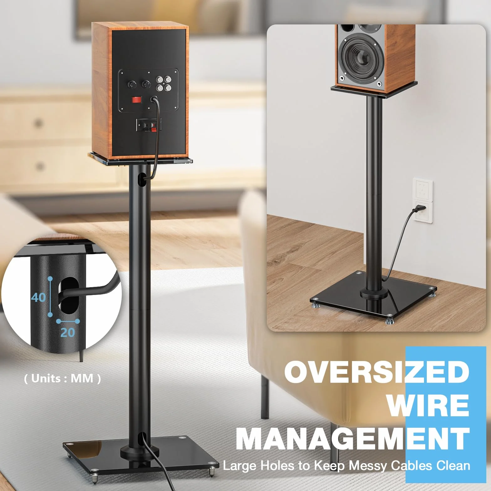 Rfiver 68cm Supporto universale per diffusori da pavimento, supporto per diffusori satellite e rack con gestione dei cavi, Nero