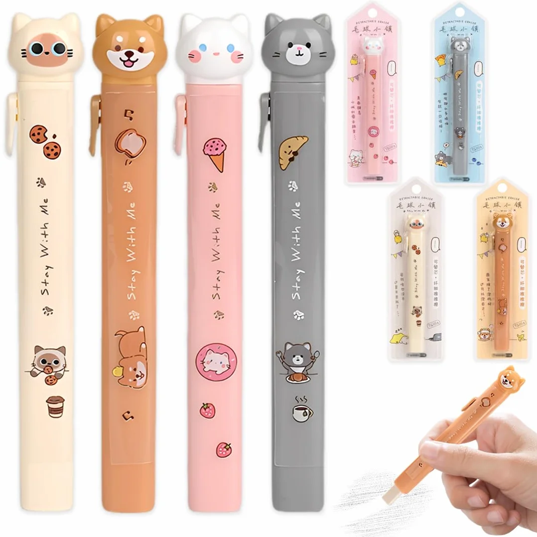Gomme per Matite Retrattili con Design Gatto Carino - 4 Pezzi per Bambini, Disegno e Scrittura