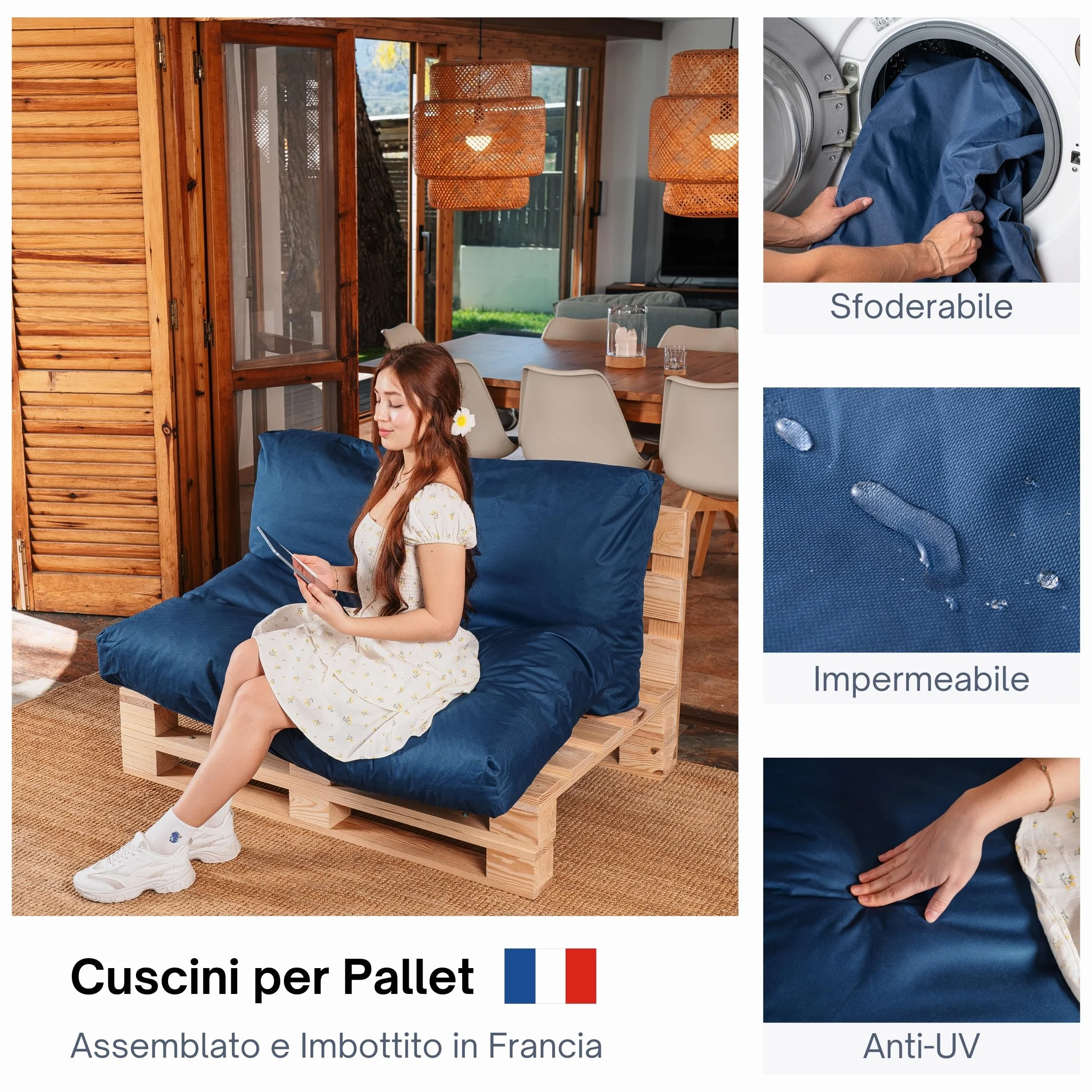 Cuscini per Pallet Fodera Impermeabile Anti UV Rimovibile Lavabile Imbottito Schiuma 120x60 cm Blu