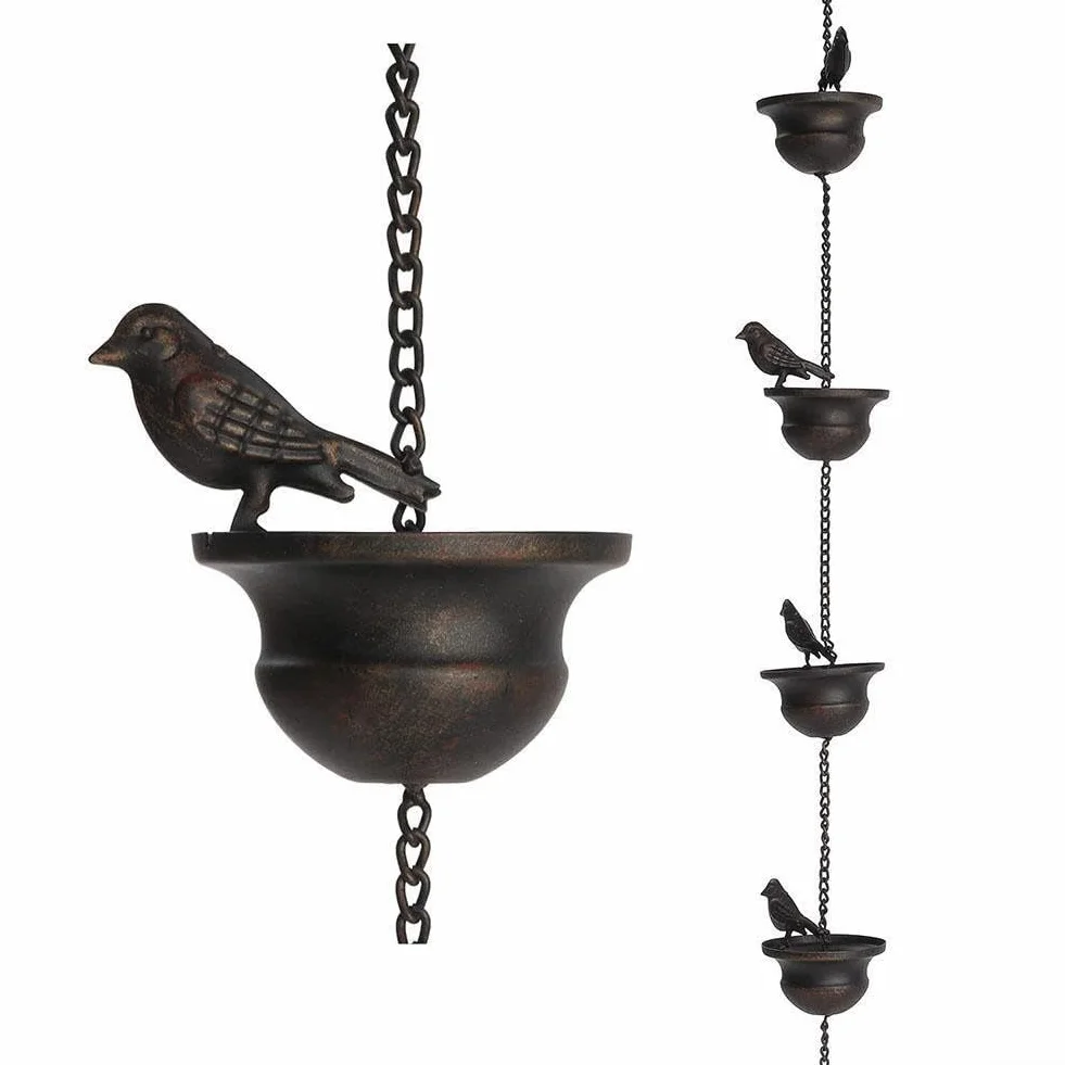 Catena per pioggia 2,4 m con uccelli sulle tazze campanelle decorazione grondaia