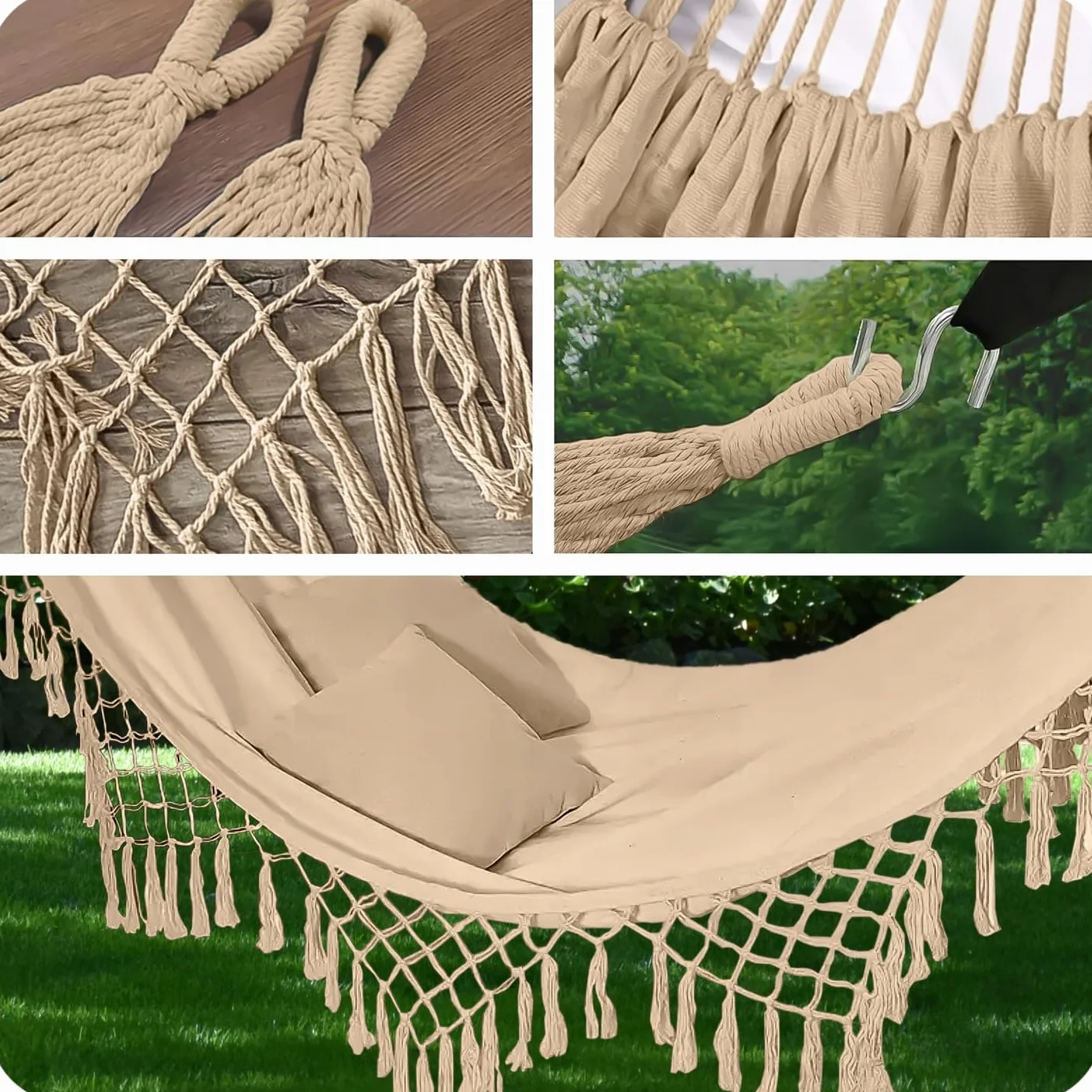 Amaca da esterno in stile bohémien 190 x 150 cm beige 120 kg cotone poliestere con frange sacchetto trasporto