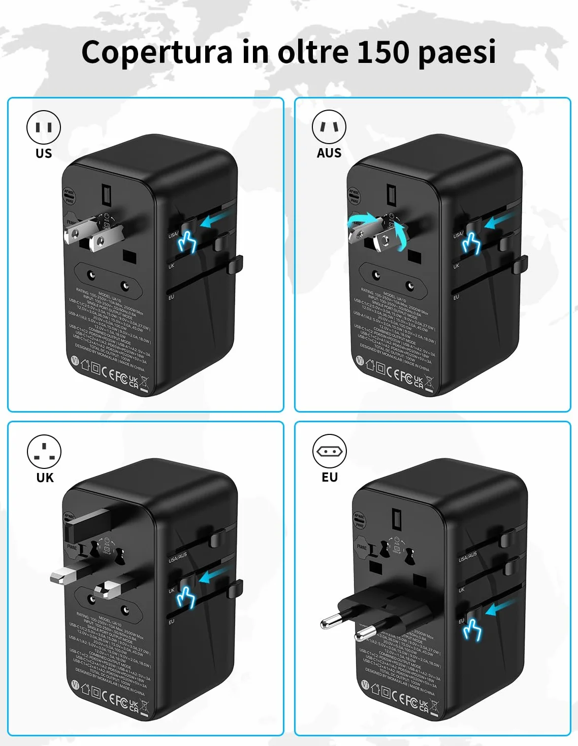 MOMAX Adattatore Universale da Viaggio 100 W 5-in-1 USB-C USB-A AC Presa Universale 224+ Paesi