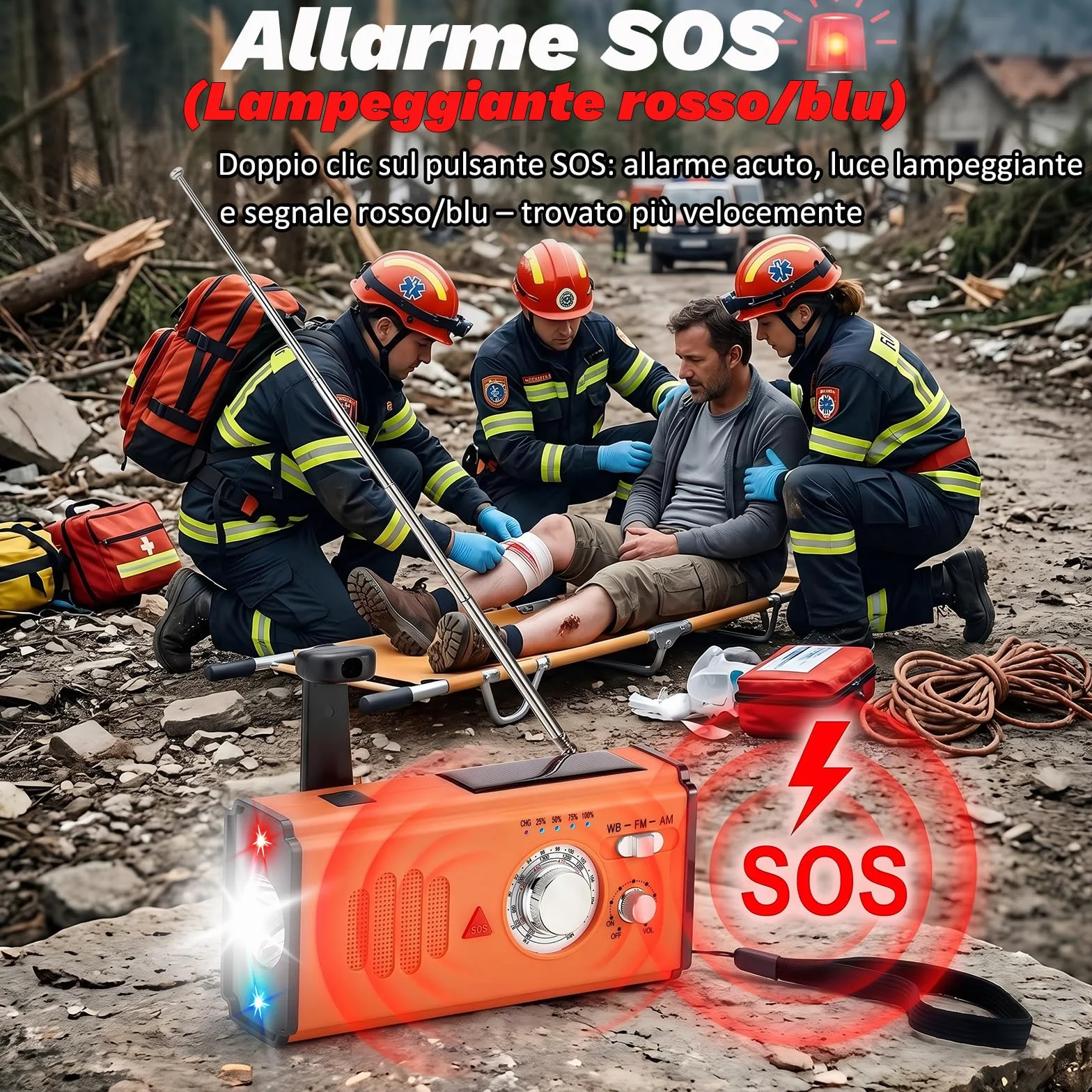Radio a Manovella di Emergenza con Power Bank 4000mAh, Radio Solare Portatile AM/FM/WB, Torcia LED e Allarme SOS per Campeggio