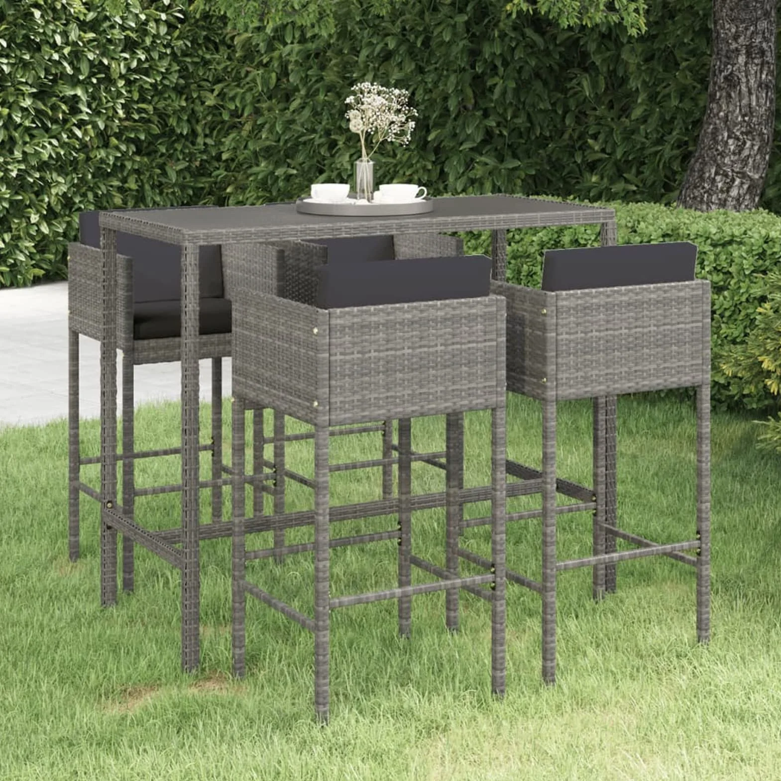 Rantry Set giardino esterno tavolo e sedie set tavolo e sedie giardino set mobili da bar giardino 5 pezzi e cuscini rattan sintetico grigio, 130 x 60 x 110 cm