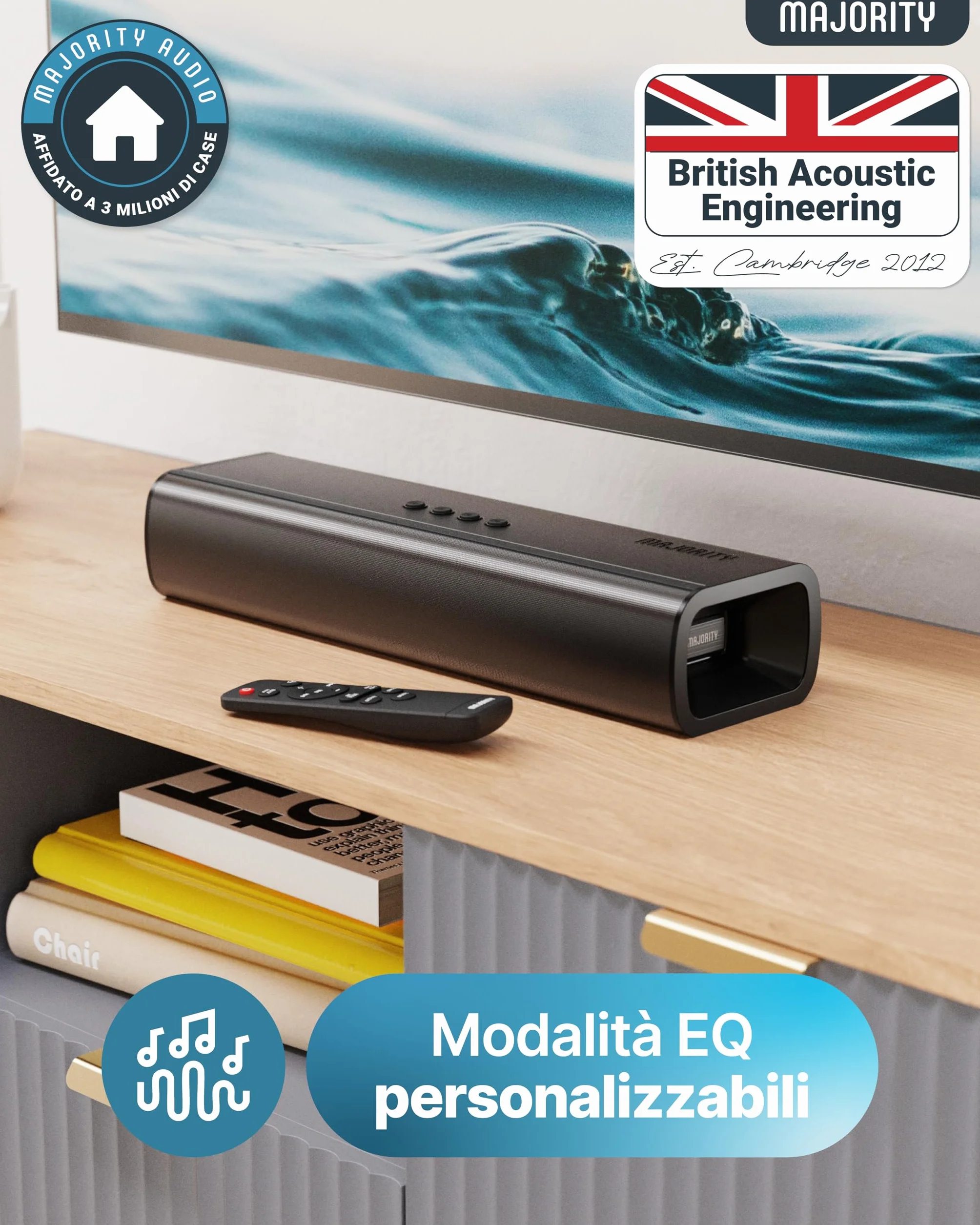 Majority Soundbar Bluetooth TV Naga 40 80W Suono Surround 3D Compatto HDMI ARC Ottico AUX USB Montaggio a Parete Telecomando Staffe Inclusi
