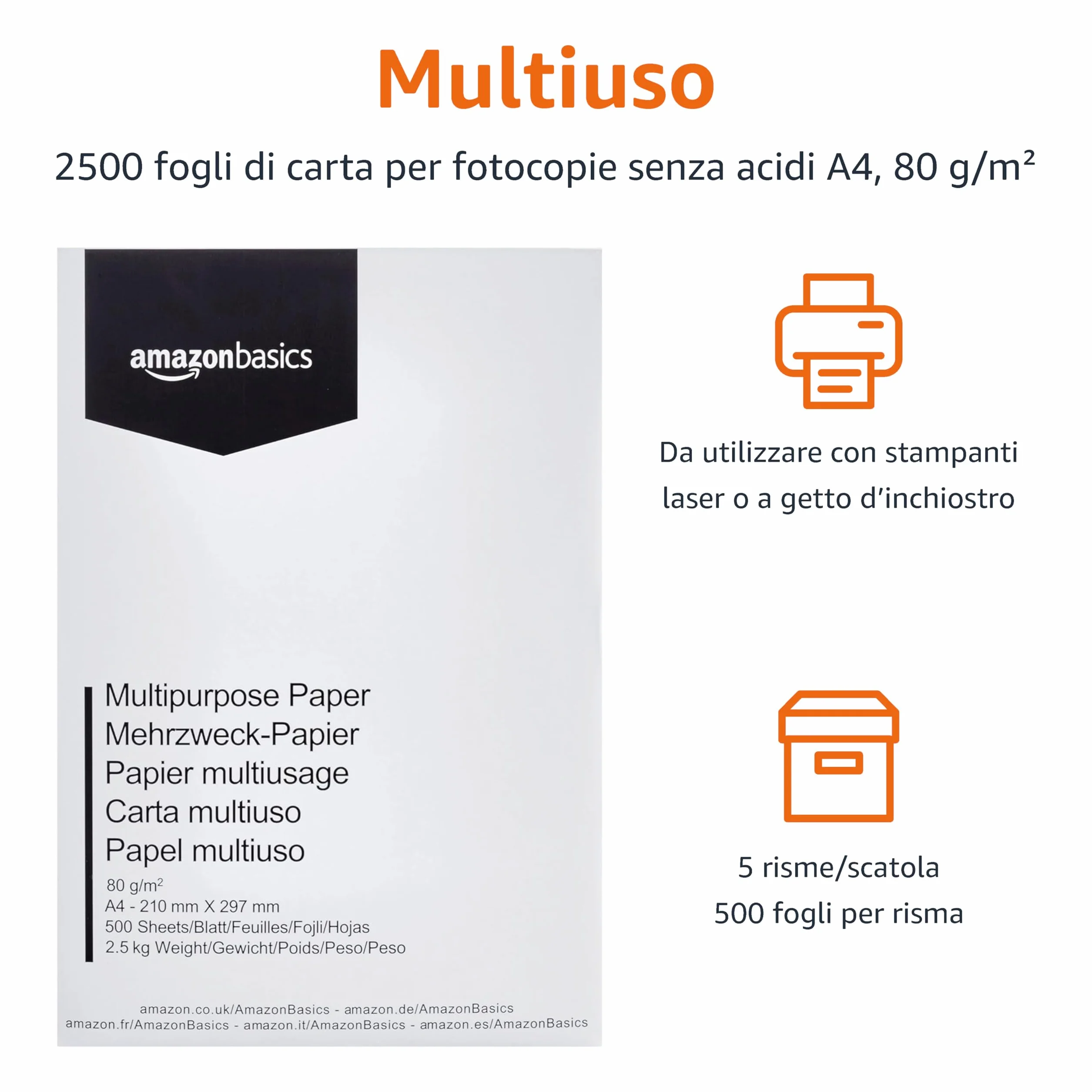 Amazon Basics Carta da stampa multiuso A4 80gsm, 2500 unità, Bianco