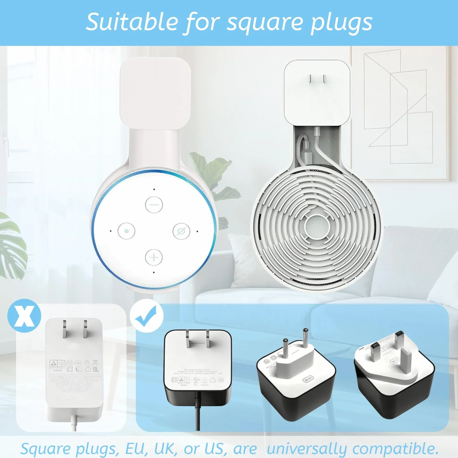 Supporto da parete per prese elettriche con gestione cavi acrilico per Echo Dot 3a generazione bianco