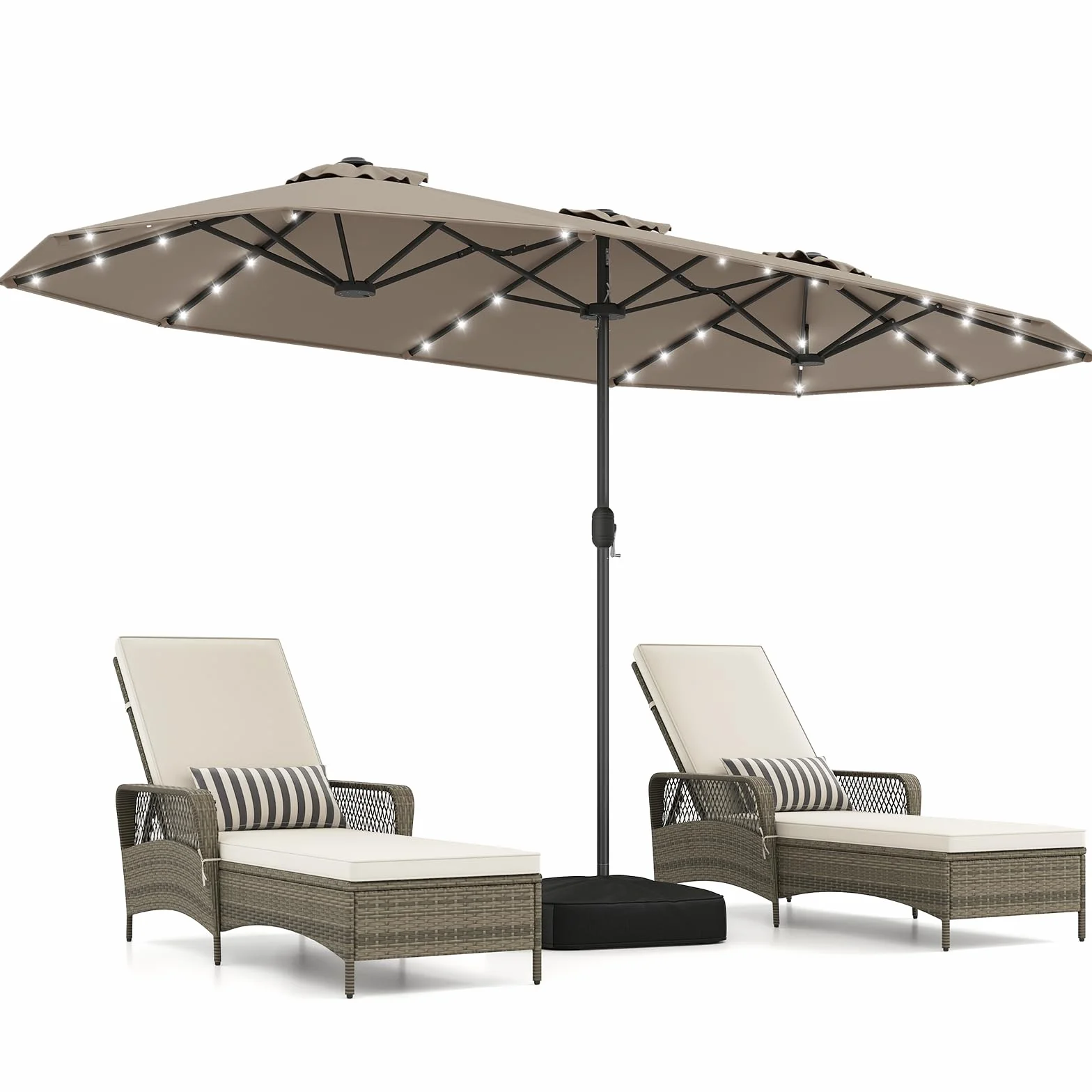 COSTWAY Ombrellone da Giardino Doppio 400 x 200 cm, con 36 Luci LED Solari, Manovella 12 Stecche, Base, Anti-UV, Rettangolare, per Giardino Piscina Cortile (Caffè)