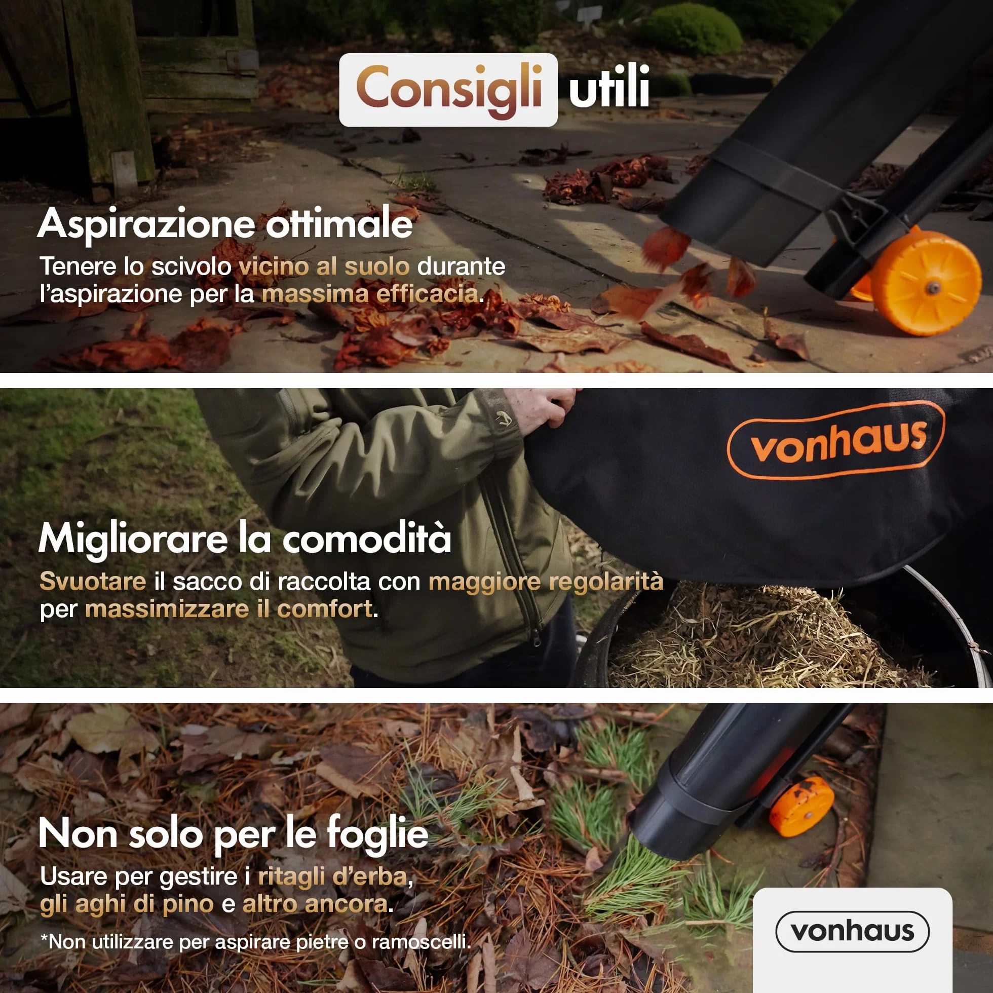 VonHaus Soffiatore e Aspirafoglie da Giardino da 3000 W – Soffiatore Foglie per Giardini, Grondaie, Vialetti – Leggero, con Tracolla, Ruote, Sacca Raccolta da 35 Litri