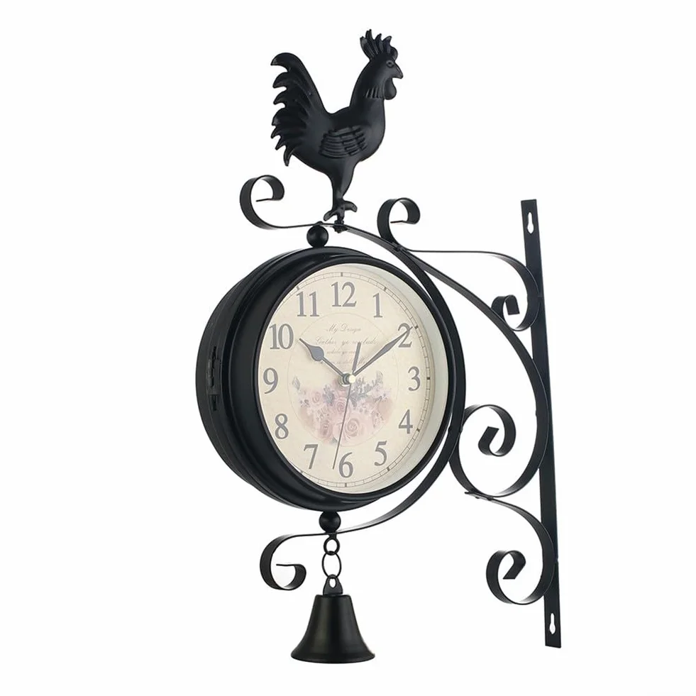 Oniissy Orologio da parete a doppio lato, con campana e gallo, orologio da giardino per esterni, stazione ferroviaria, orologio vintage da parete, decorazione da giardino all'aperto