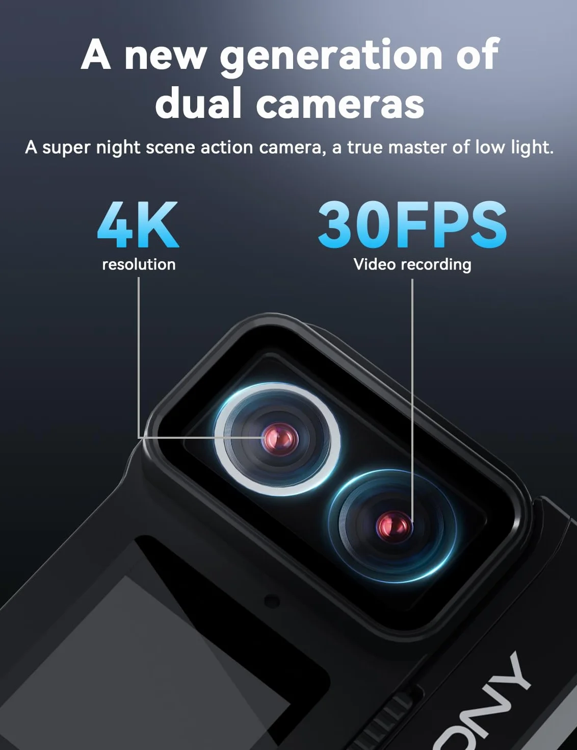 SVBONY SVGo Action Camera 4K30FPS Doppio Obiettivo F2.0/F1.4 Doppio Schermo IPS EIS Impermeabile 30m Batteria 1860mAh