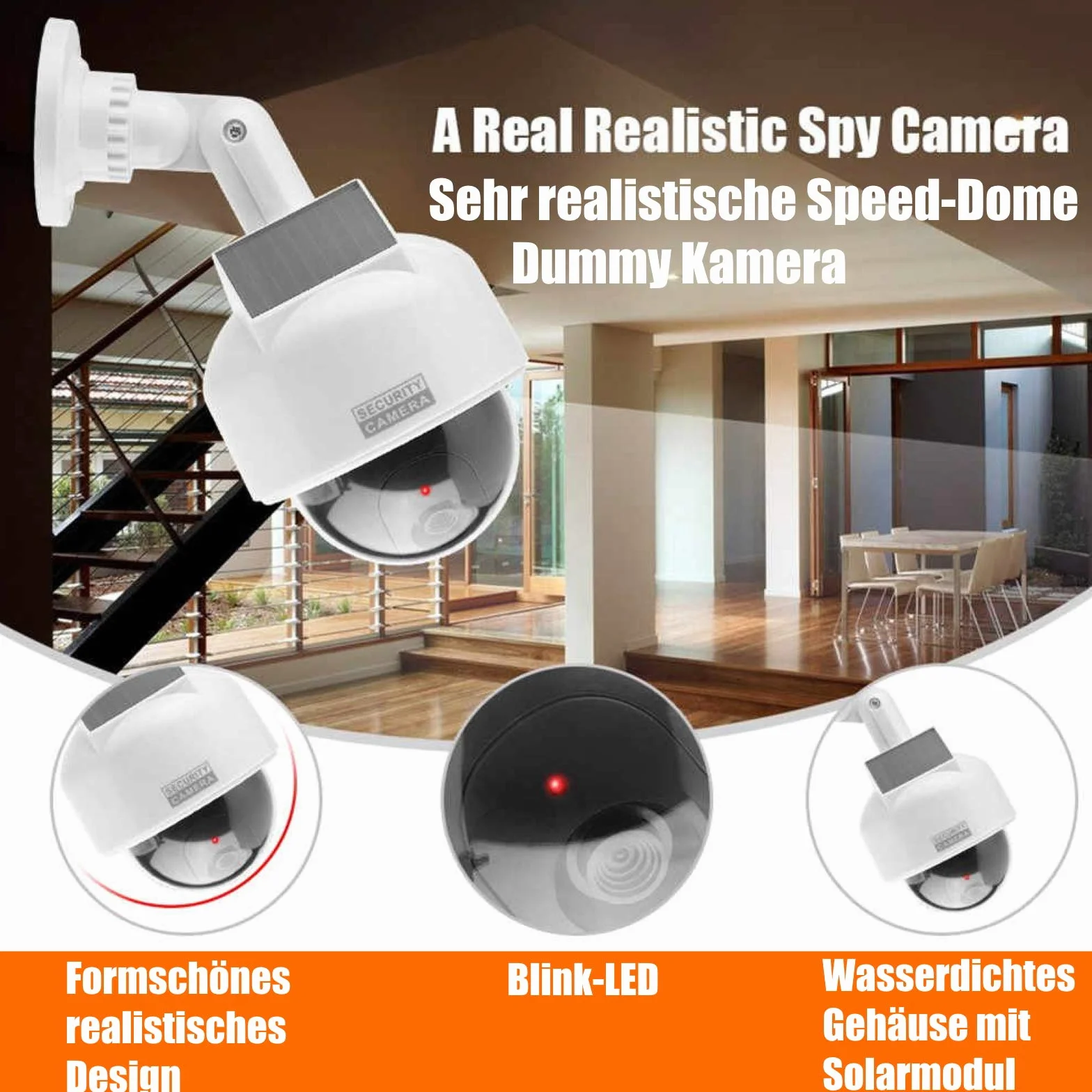 O&W Security Dome Telecamera di sorveglianza solare finta per esterni con LED rossa