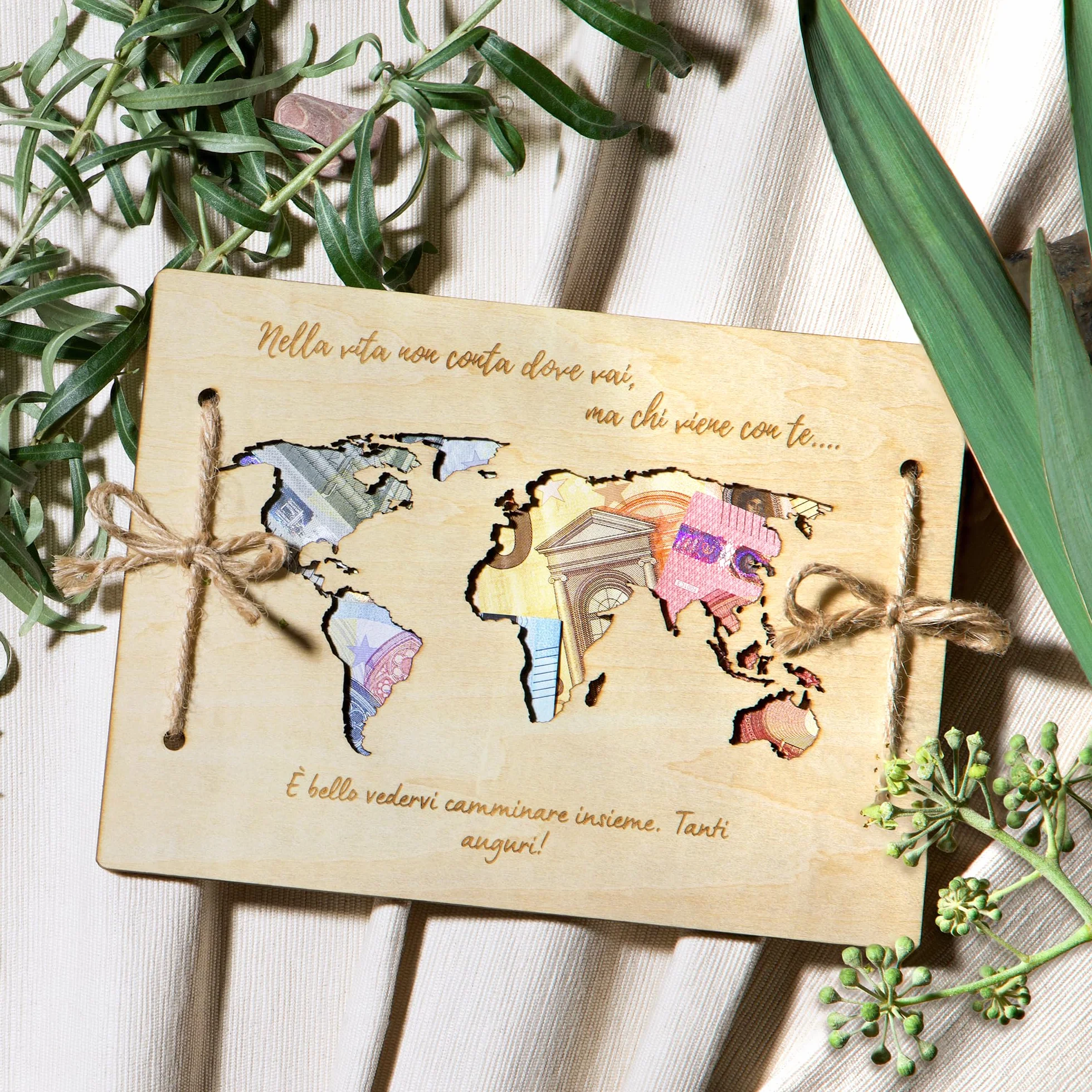 Regalo porta soldi matrimonio Busta Biglietto auguri di nozze Mappamondo in legno Carta Geografica