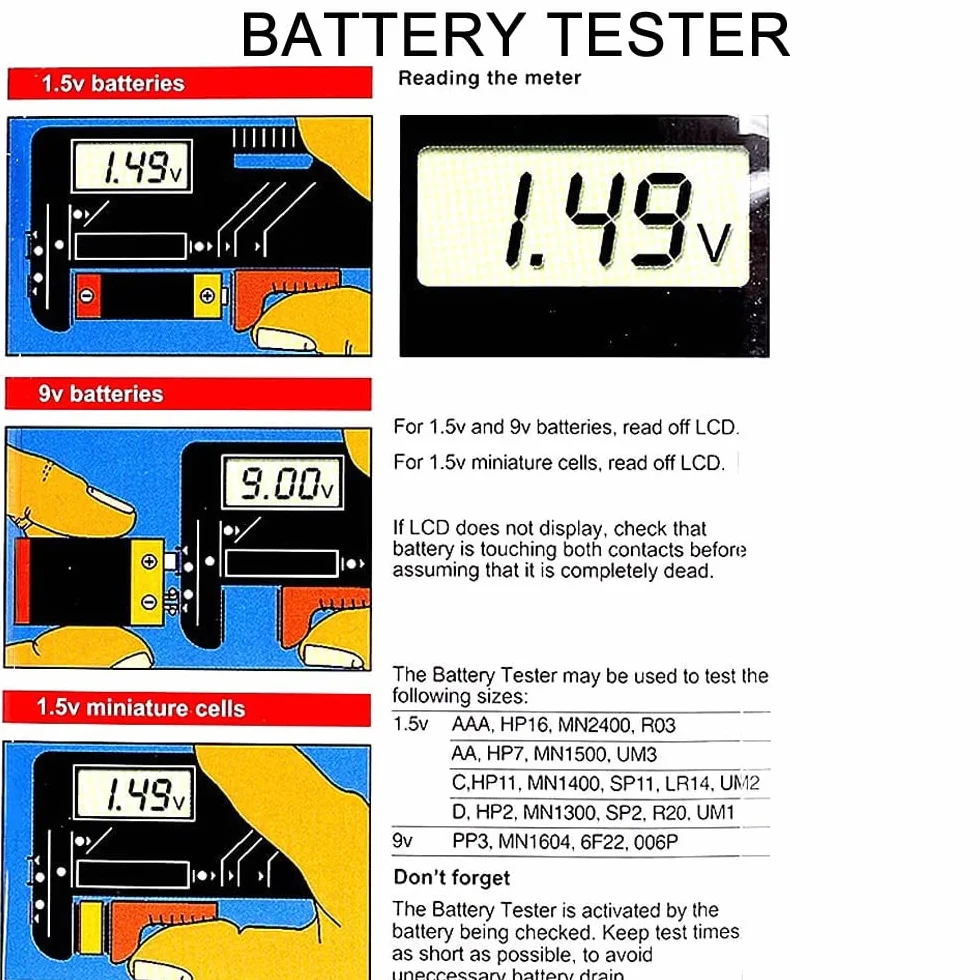 Greluma 2 Pz Tester batteria digitale universale per batterie AAA AA C D 9V 1,5V