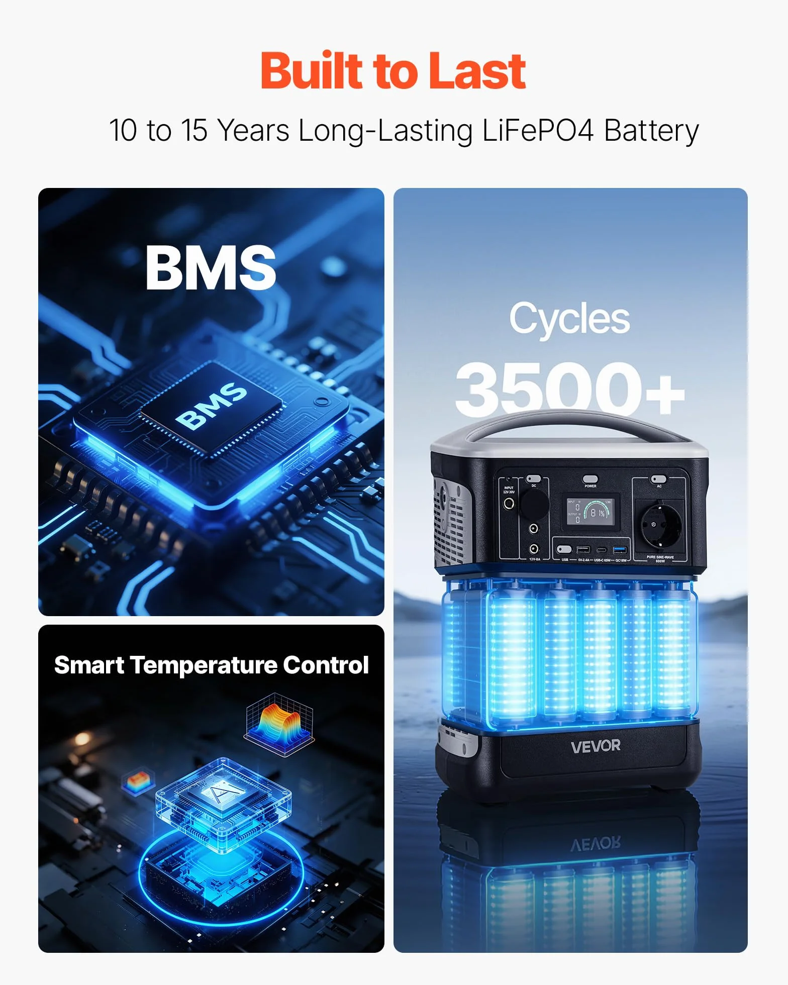 VEVOR Centrale Elettrica Portatile da Esterno Generatore da 600 W Batteria Backup LiFePO4 da 493 Wh con 7 Porte di Uscita per Emergenza, Generatore Solare per Campeggio Viaggio, Senza Pannello Solare