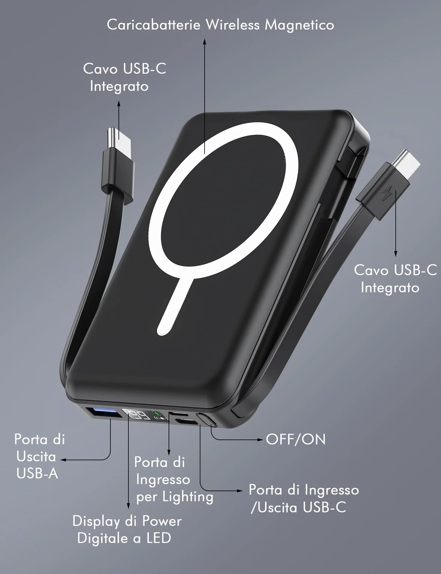 Powerbank Mag-Safe 10000mAh Magnetico Wireless 20W PD Ricarica Rapida per iPhone 17/16/15/14/13/12 Series Nero