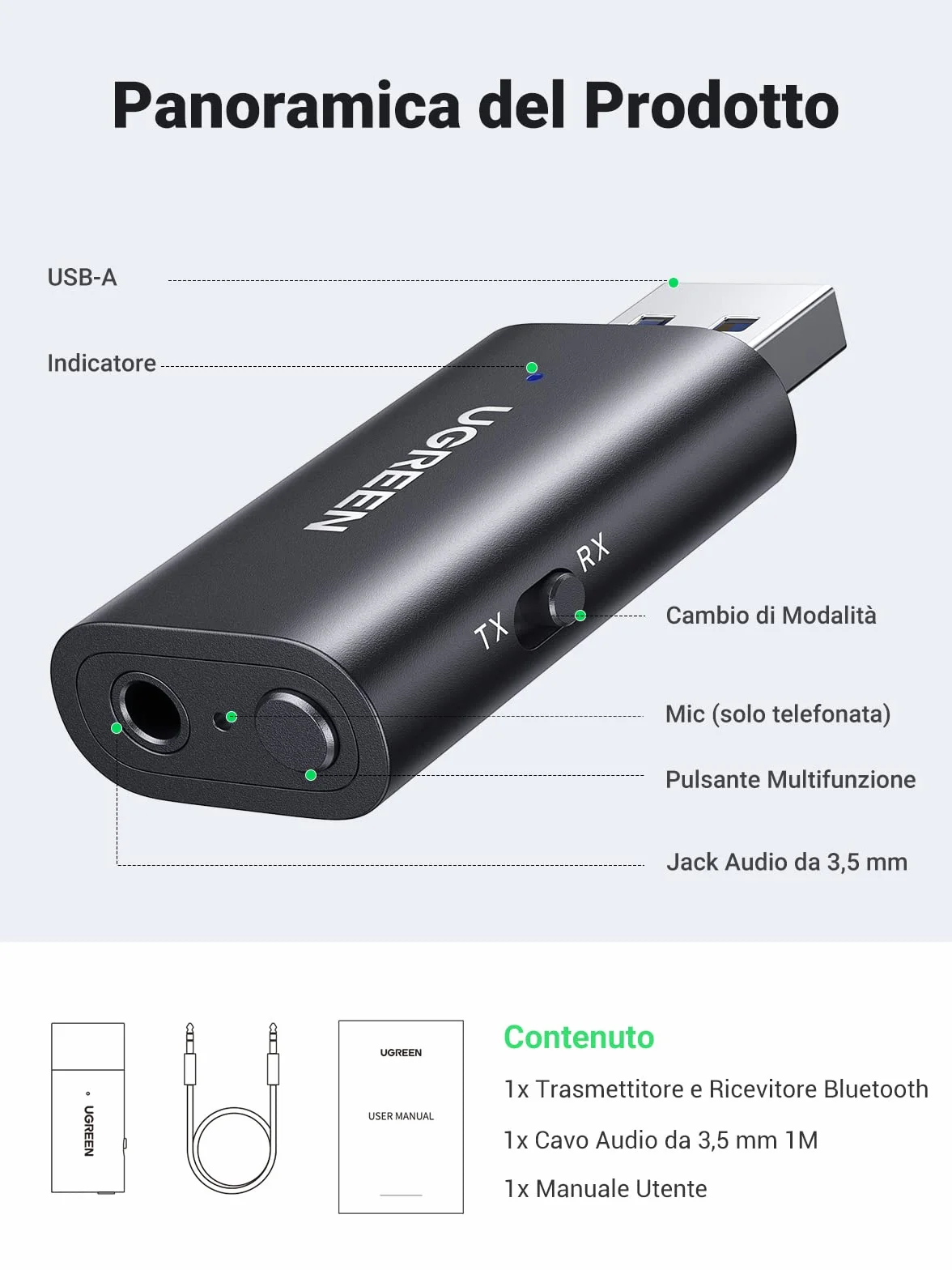 UGREEN Adattatore Jack 3,5mm Bluetooth 5.4 2-IN-1 Trasmettitore Ricevitore con Cavo Audio Aux