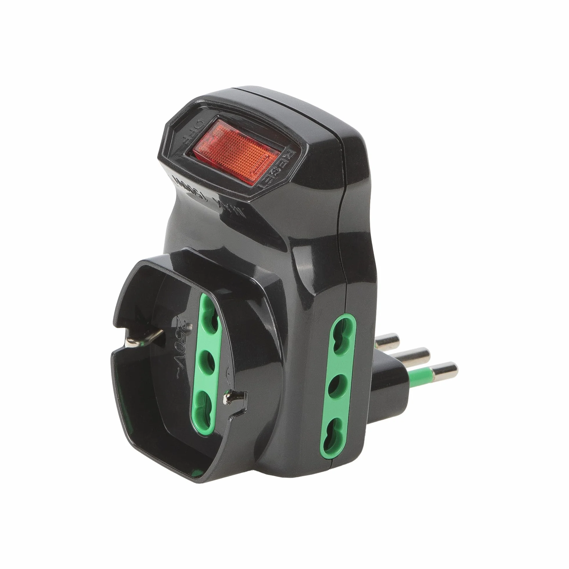 FANTON Adattatore triplo spina piccola 10A 2 prese bipasso 16A 1 presa bipasso italo/tedesca schuko con interruttore protezione sovraccarico NERO