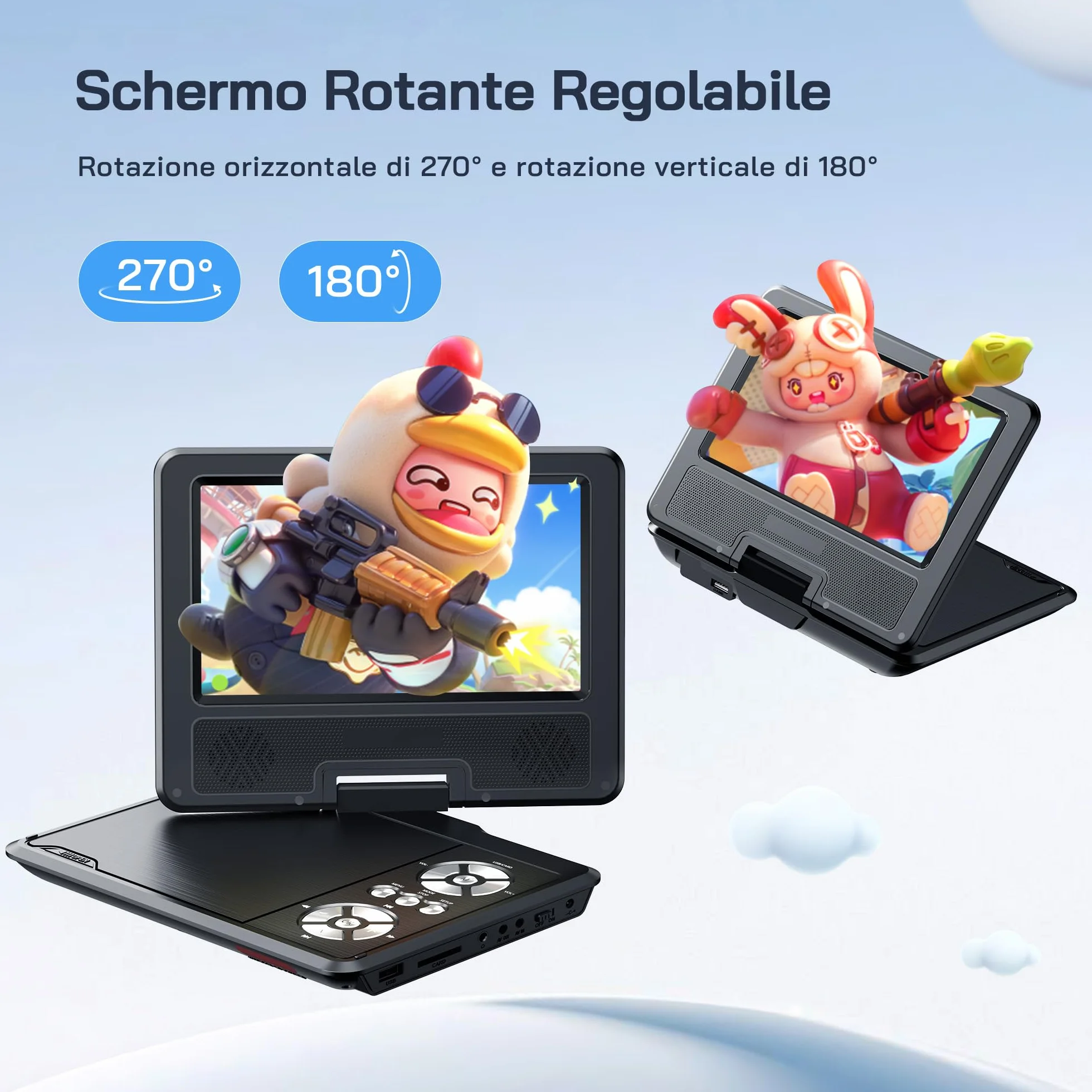 WOLFANG Lettore DVD portatile 9,5" schermo girevole HD 7,5" altoparlanti stereo batteria 6 ore Sync-TV USB SD