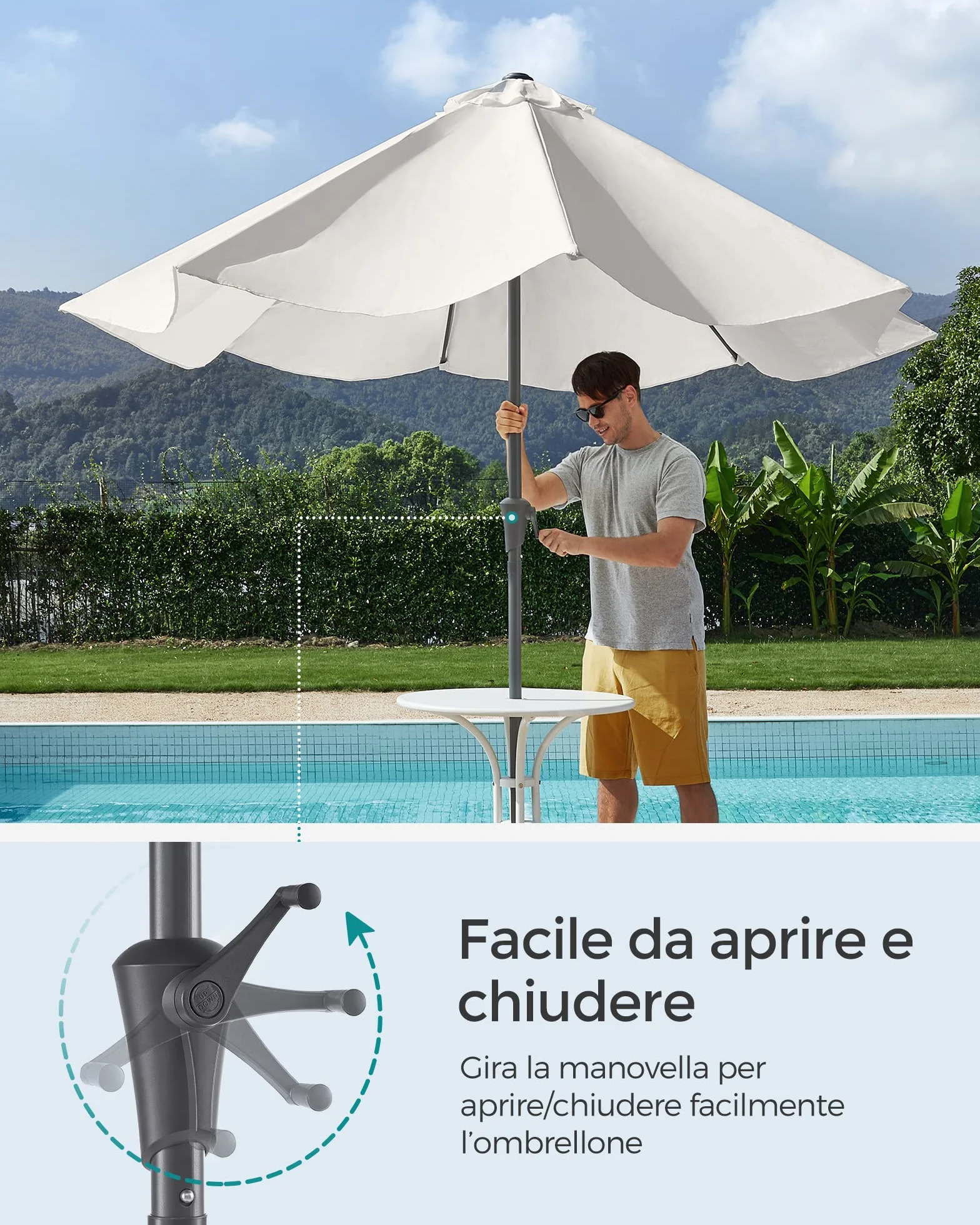 SONGMICS Ombrellone da Giardino 300 cm, UPF 50+, Parasole, Inclinazione Bidirezionale a 30°, Manovella per Apertura/Chiusura, Esterno Terrazzo Balcone Piscina, senza Base, Beige GPU30BE