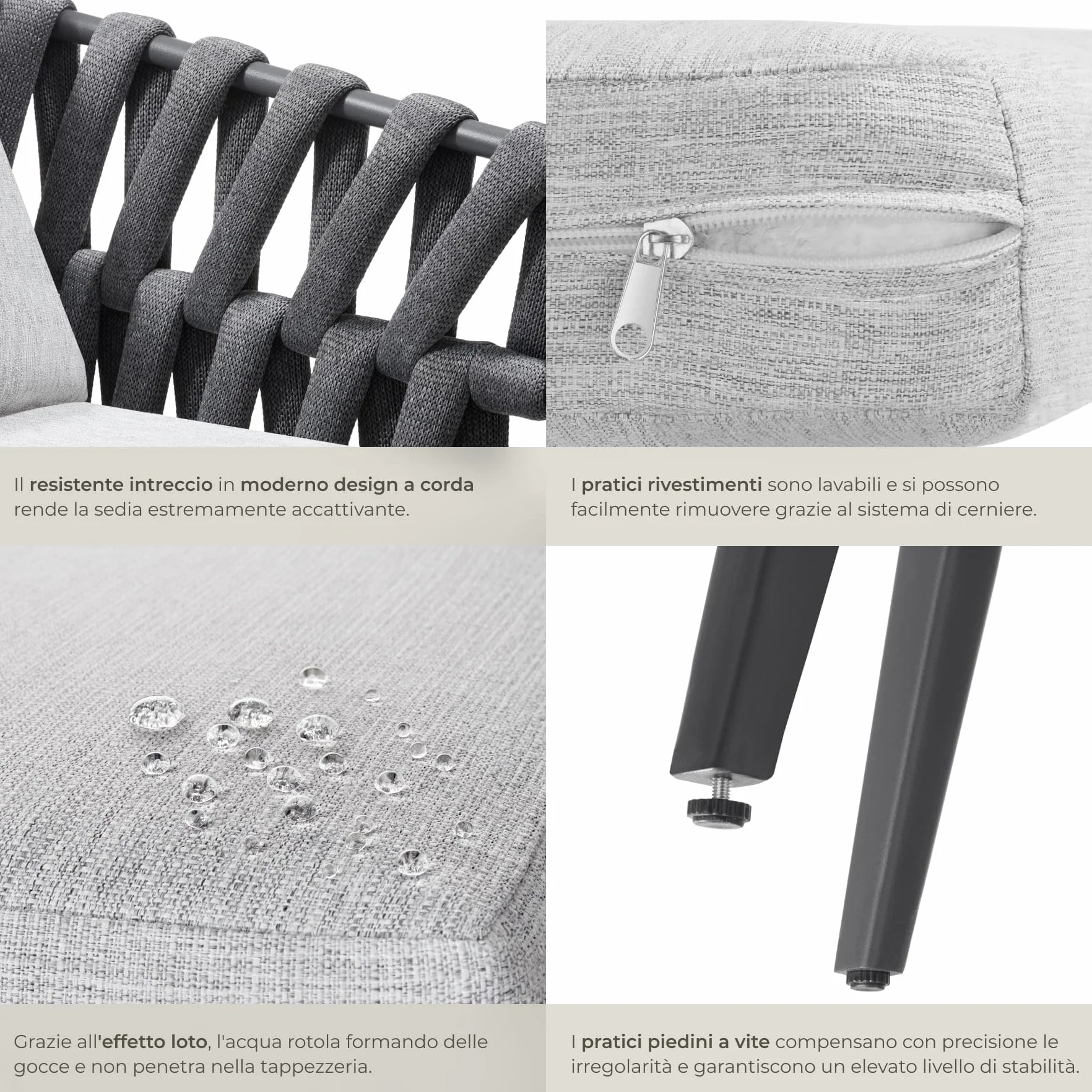 tectake® Set di 2 Sedie da Giardino, Design a Corda, Struttura in Alluminio, Cuscini Extra Spessi e Super Morbidi, Rivestimenti Idrorepellenti e Lavabili, Piedini Regolabili in Altezza - Antracite