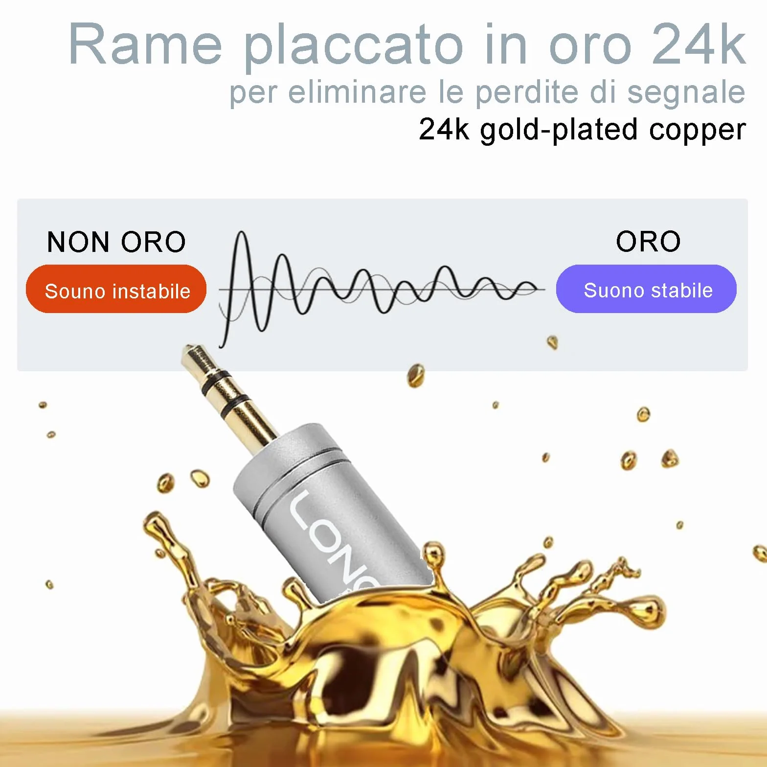 2 Pezzi Adattatore Jack Cuffie in Rame Puro Placcato Oro - Riduttore Jack 3.5 a 6.3 - Connettore Jack Stereo Aux Audio Maschio a Femmina