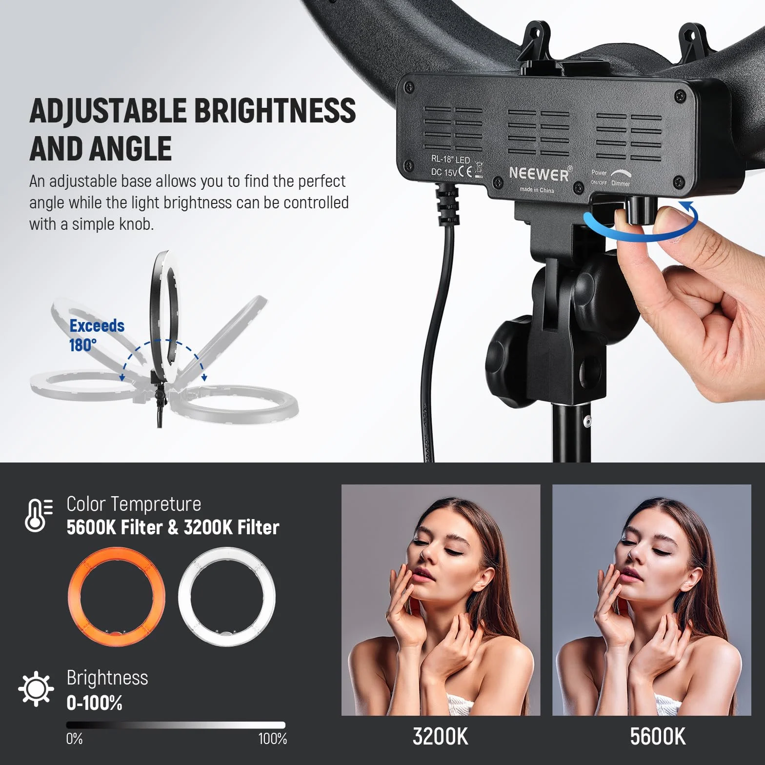 NEEWER Luce ad Anello LED 48cm 55W 5600K Dimmerabile con Stativo Bluetooth per Smartphone