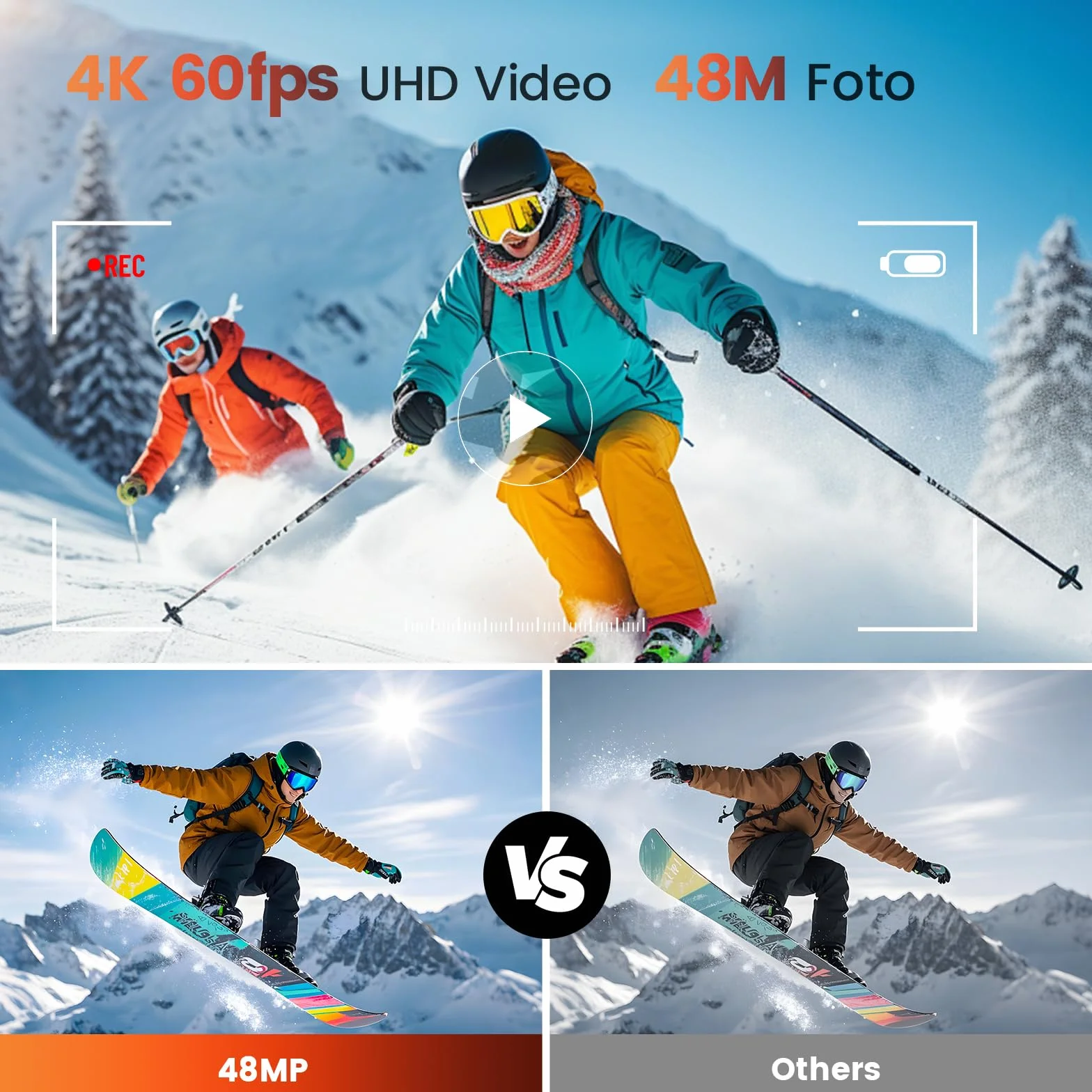 Action Cam 4K 60FPS 48MP 50ft Fotocamera Subacquea con 64GB Scheda WIFI Grandangolo 170° Telecomando 2x1350mAh
