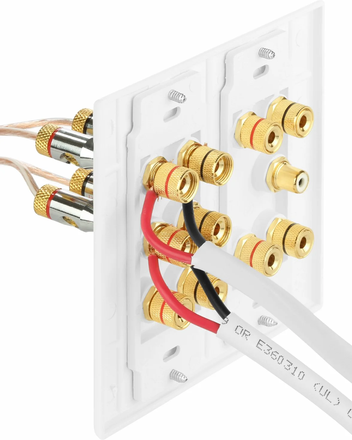 Fosmon 2-Gang 5.1 Surround Home Theater Wall Plate Gold Plated Copper Banana Binding Post Coupler for 5 Speakers 1 RCA Subwoofer White